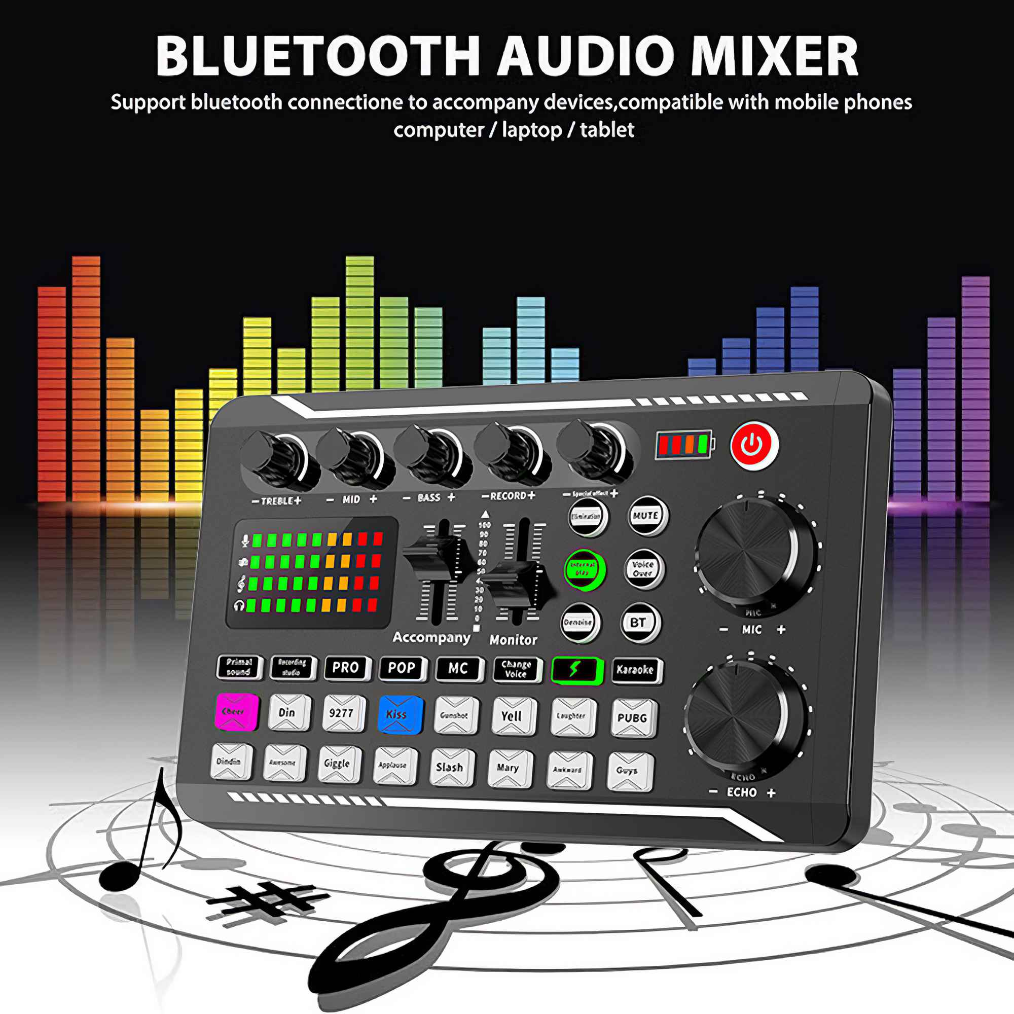Schwarzer Audiomixer mit Knöpfen, Reglern und einem Power-Knopf. Mit Equalizer-Balken. Noten im Vordergrund.