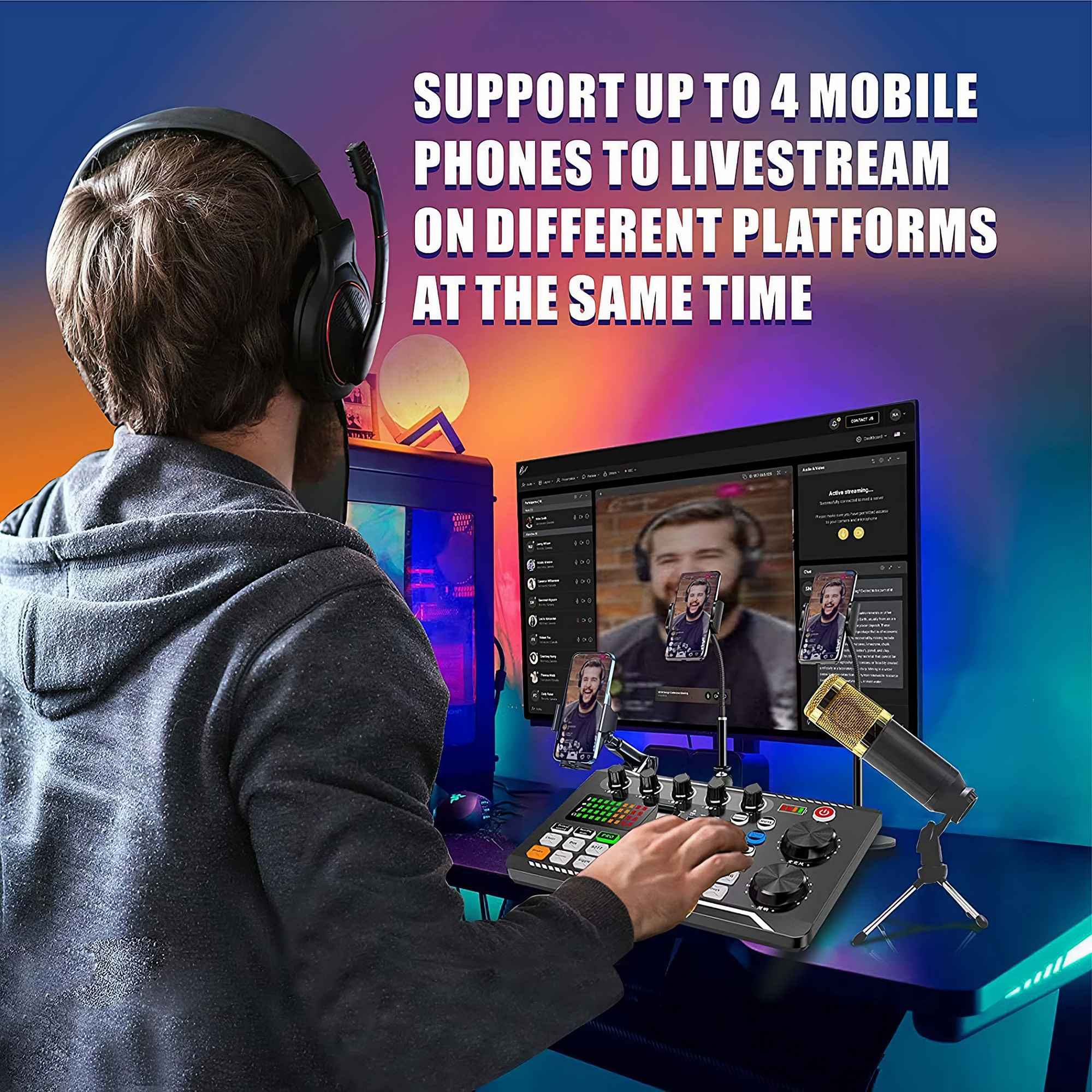 Ein Mann mit Kopfhörern streamt live und verwendet einen Mixer und mehrere Telefone auf einem Schreibtisch.