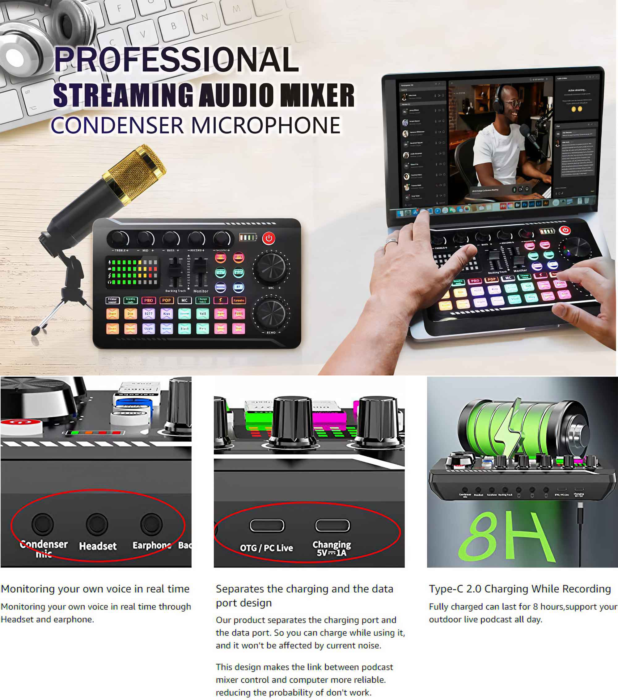 Ein Audiomixer mit Mikrofon, Laptop mit Videoanruf und Nahaufnahme der Mixerdetails.
