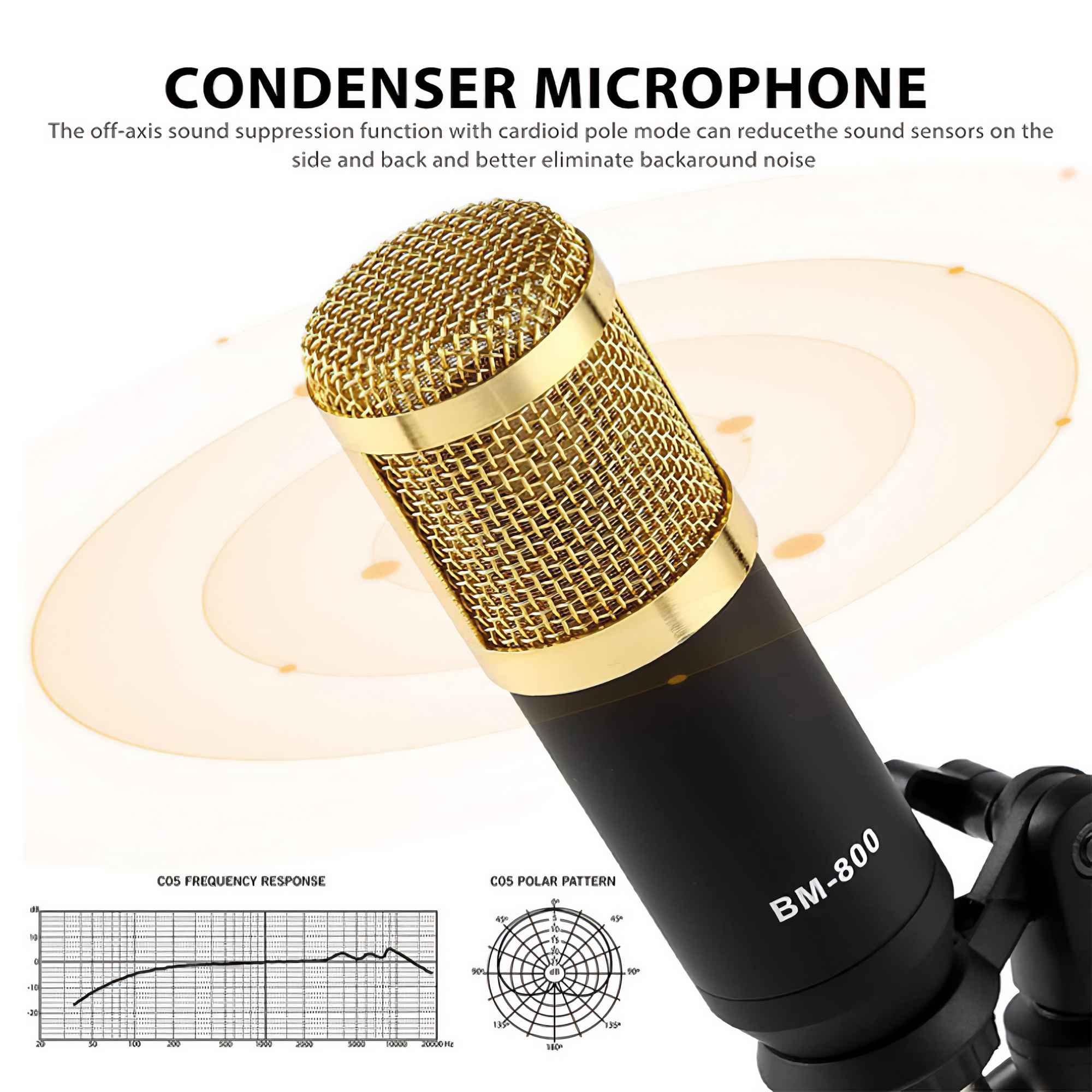 Ein Mikrofon mit goldenem Mesh und schwarzem Gehäuse, bezeichnet als BM-800, auf einem Ständer mit Frequenzgang- und Polardiagrammen.