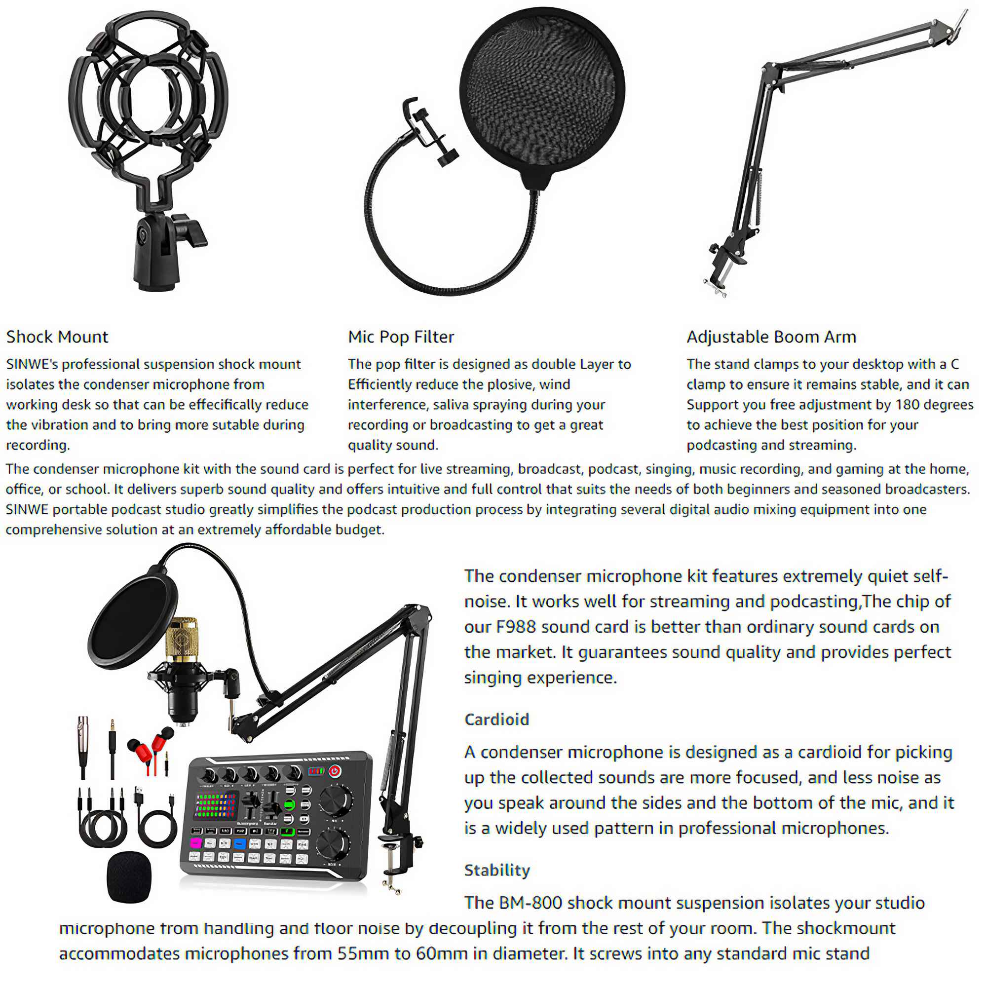 Mikrofon-Kit mit Stoßdämpfer, Pop-Filter, verstellbarem Arm, Soundkarte und Zubehör. Schwarz-Gold-Farbschema.