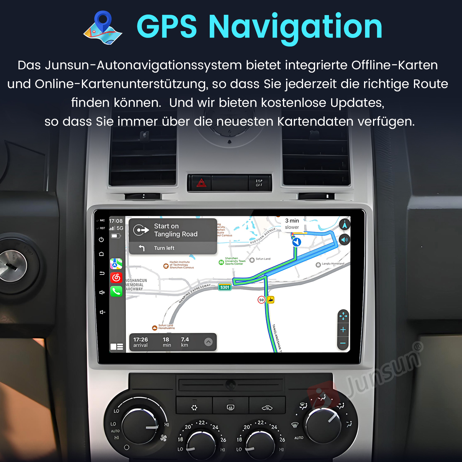Armaturenbrett mit GPS-Navigation, das eine Karte anzeigt. Steuerungsknöpfe und -tasten sind unten sichtbar.