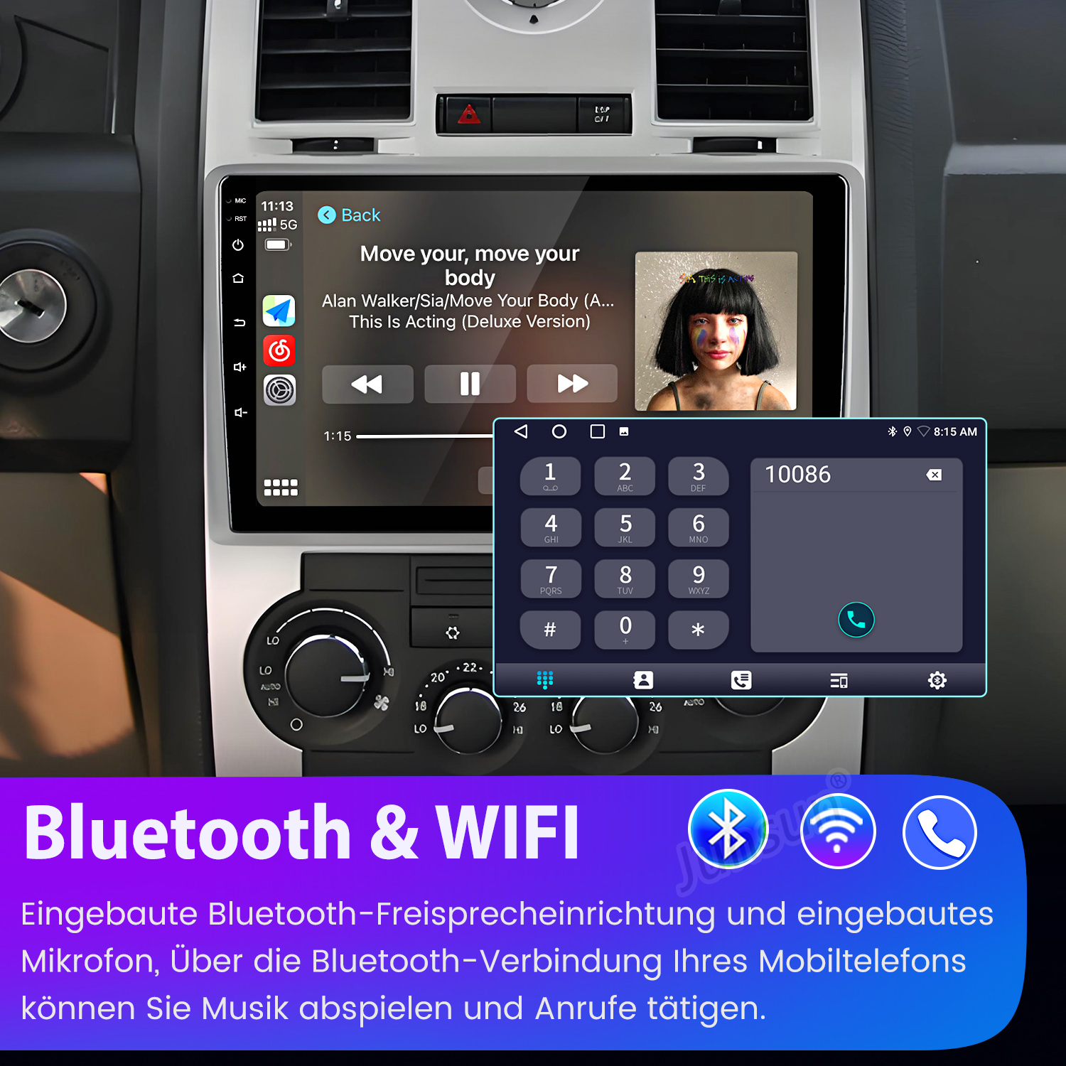 Armaturenbrett des Autos mit Bildschirm, der Musik abspielt. Zeigt eine numerische Tastatur und Bluetooth-&WiFi-Informationen.