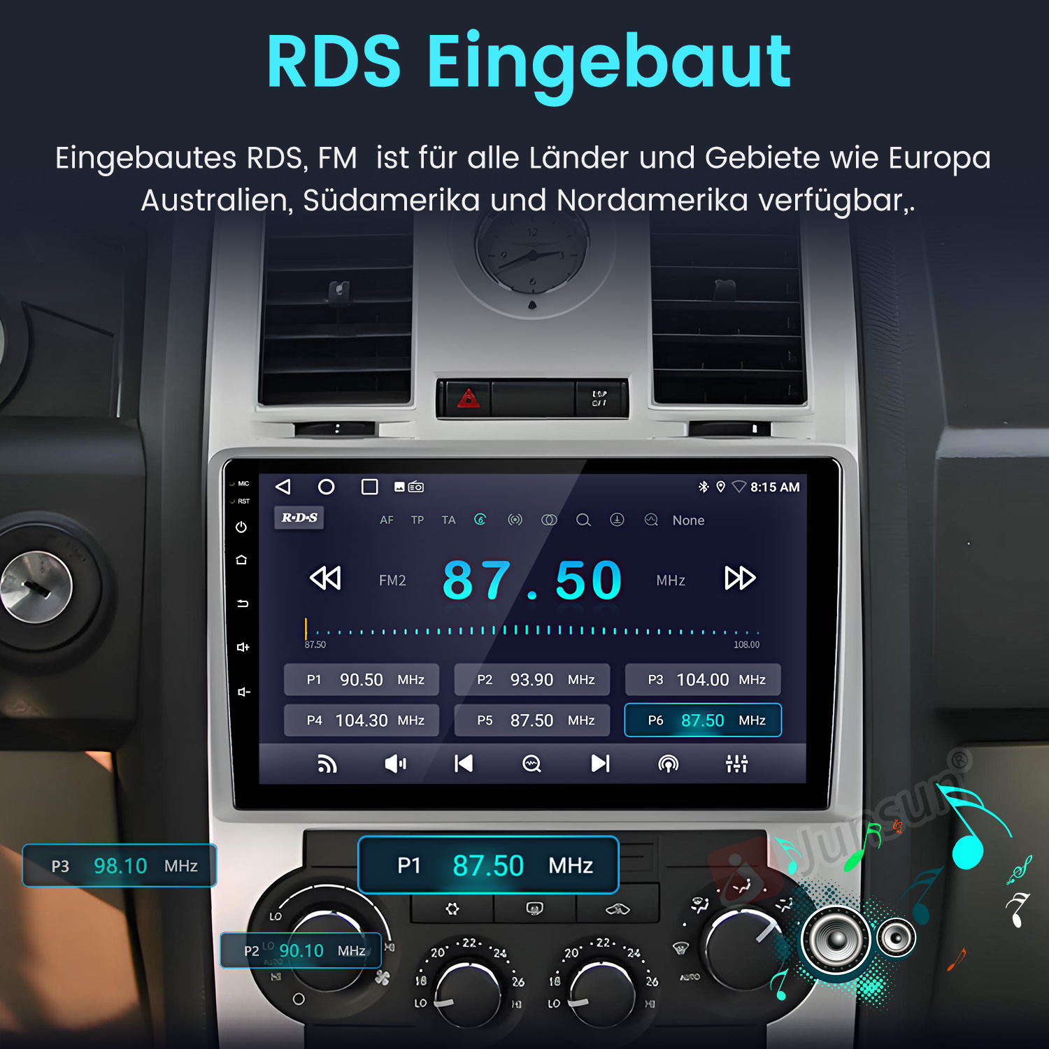 Autoradio-Bildschirm mit FM-Radio-Informationen. Tasten und Bedienelemente sind sichtbar, zusammen mit der Uhrzeit und RDS-Einstellungen.