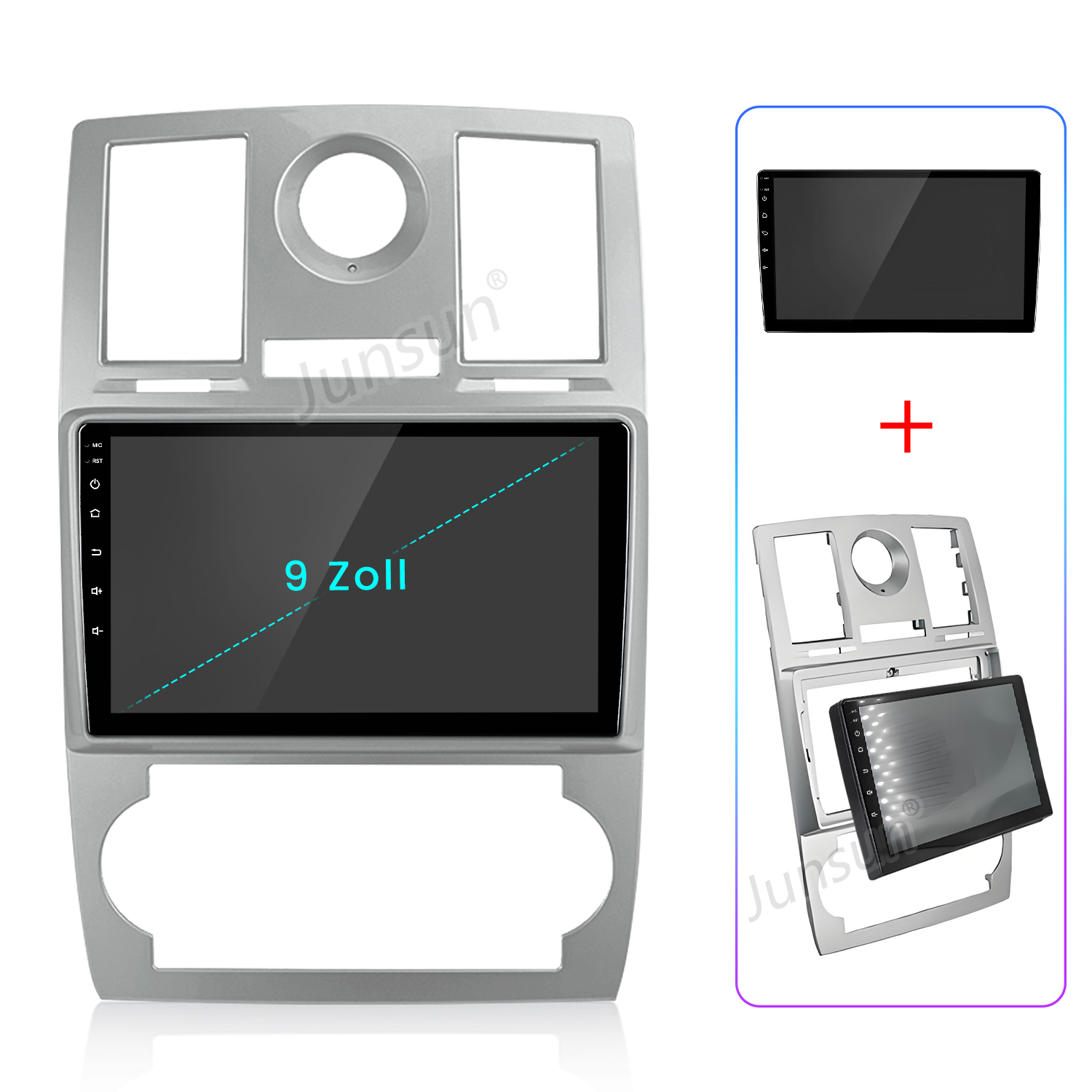 Eine Autoradioblende mit 9-Zoll-Bildschirm. Es umfasst ein Radio und einen separaten Bildschirm. Es hat einen silbernen Rahmen.