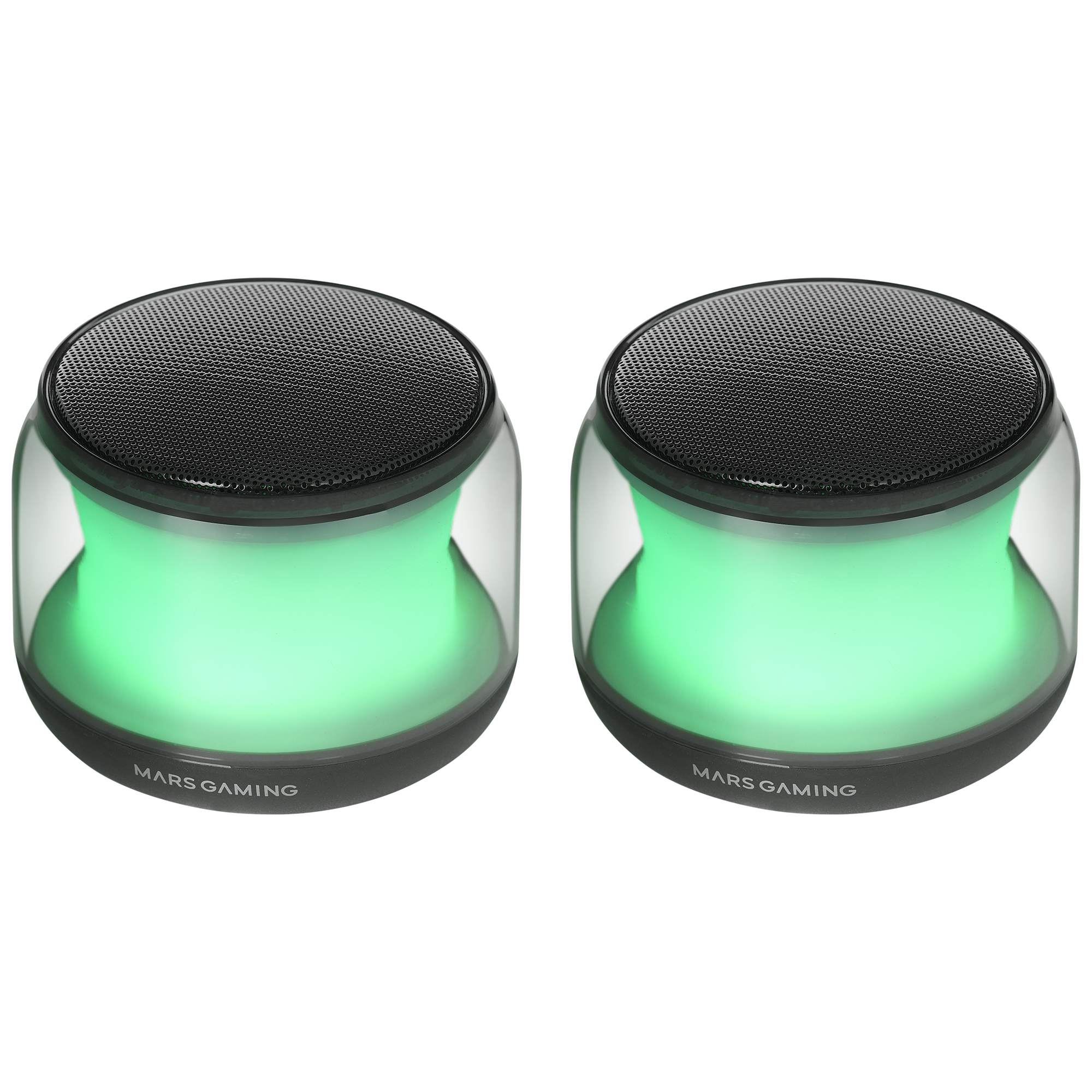 Due altoparlanti cilindrici con interni verde brillante. Le cime sono a rete nera e la base ha la scritta "MARS GAMING".