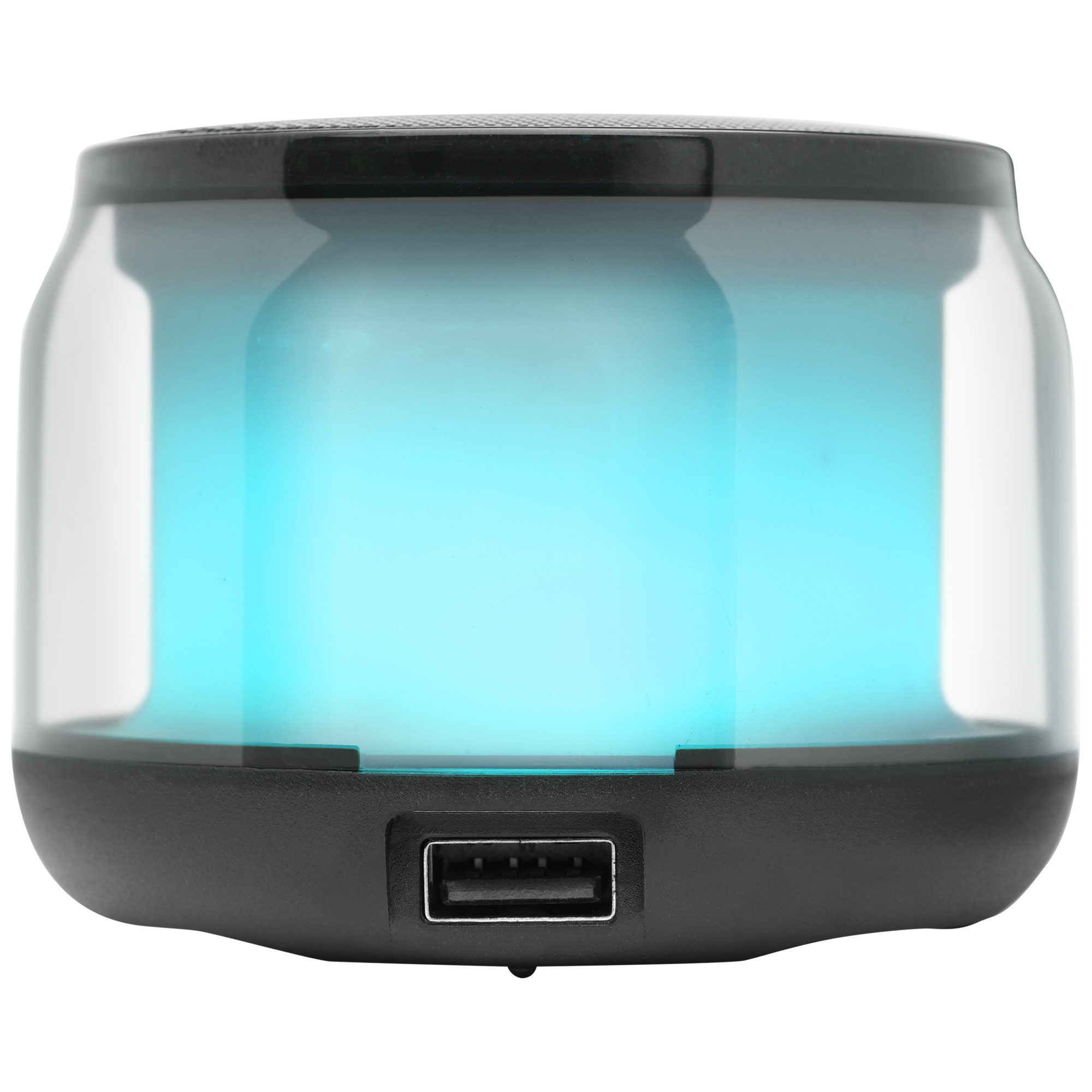 Un piccolo altoparlante con interno illuminato di blu. Ha una porta USB. La parte superiore e inferiore sono nere, i lati trasparenti.