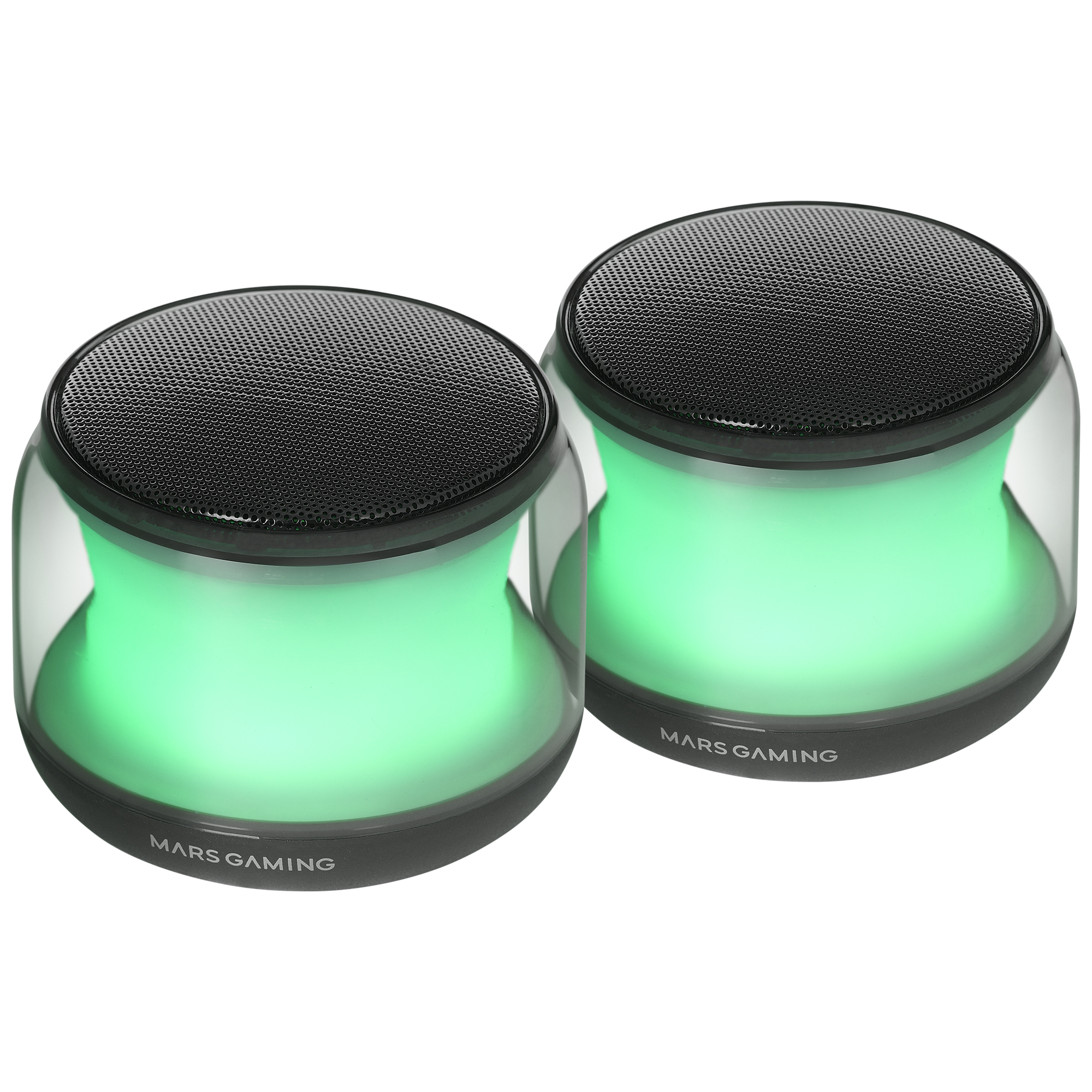 Due altoparlanti rotondi con top in rete nera e centri luminosi verdi. La base ha scritto 'MARS GAMING'.