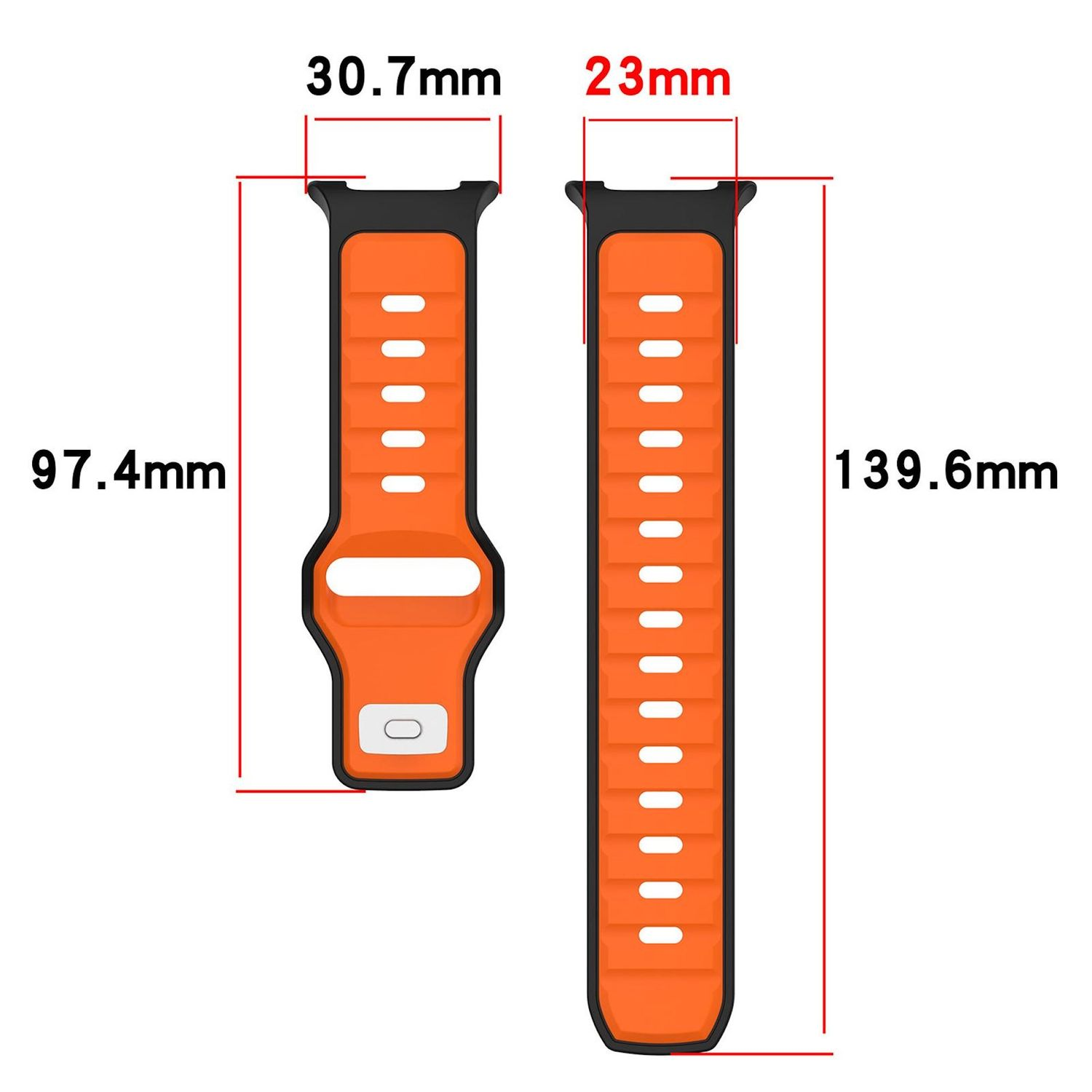 Zwei orangefarbene Uhrenarmbänder mit schwarzen Rändern. Abmessungen sind beschriftet: 30,7 mm, 23 mm, 97,4 mm und 139,6 mm.