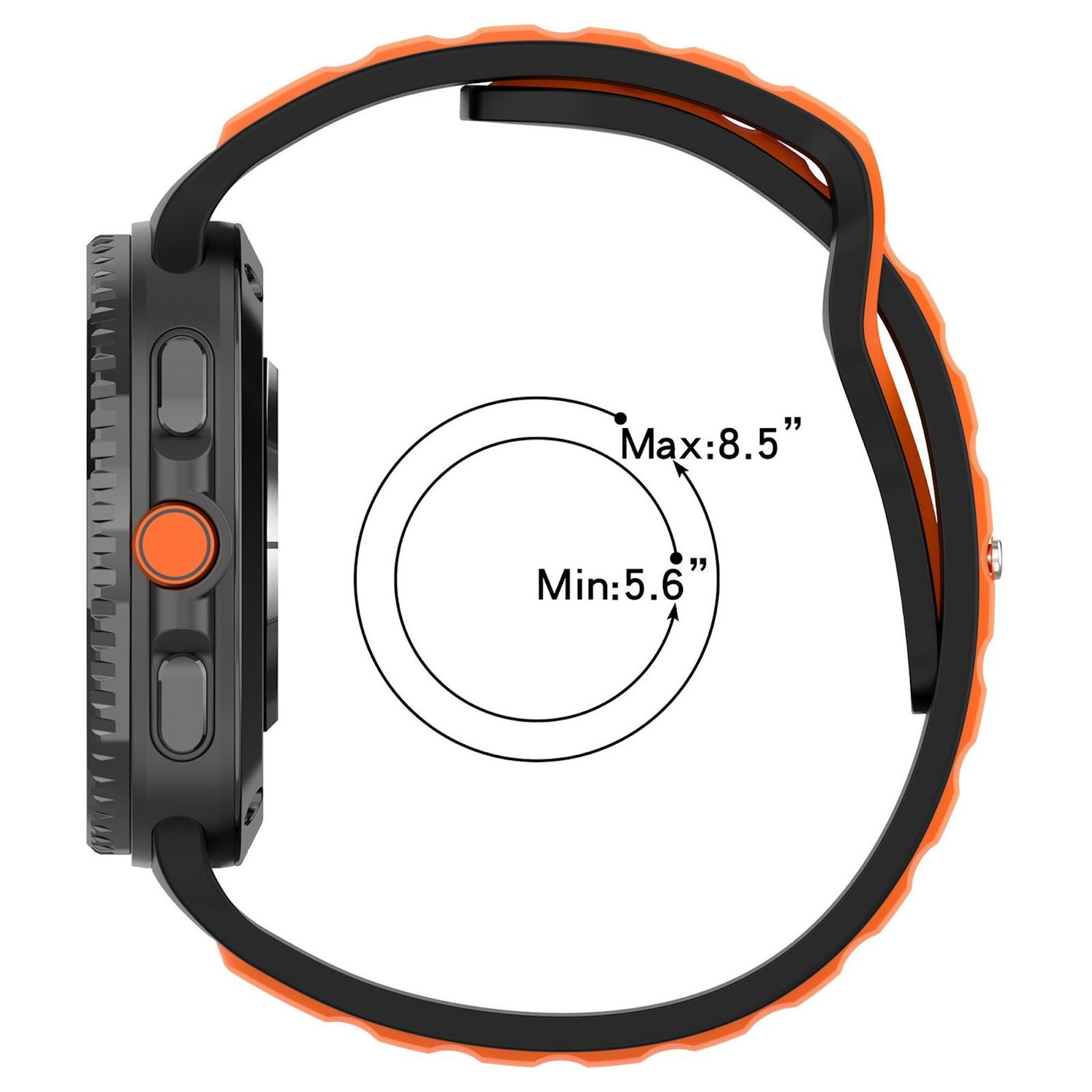 Schwarze Smartwatch mit orangefarbenen Akzenten. Die Uhr befindet sich auf weißem Hintergrund. Messwerte sind angegeben, mit einem Maximum von 8,5" und einem Minimum von 5,6".