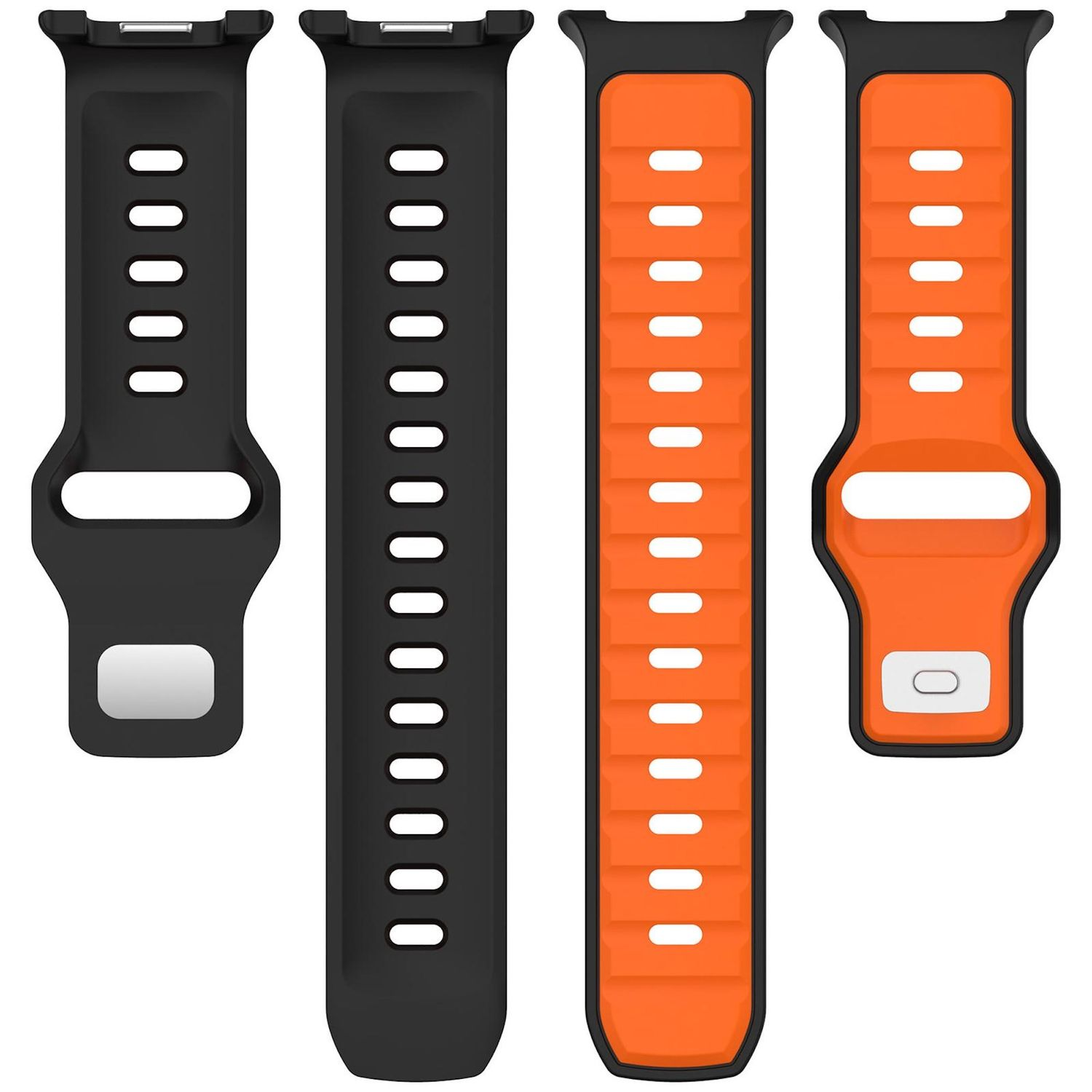 Vier Uhrenarmbänder: zwei schwarze und zwei orangefarbene. Jedes hat Löcher zur Anpassung und eine Schnalle. Alle sind auf weißem Grund.