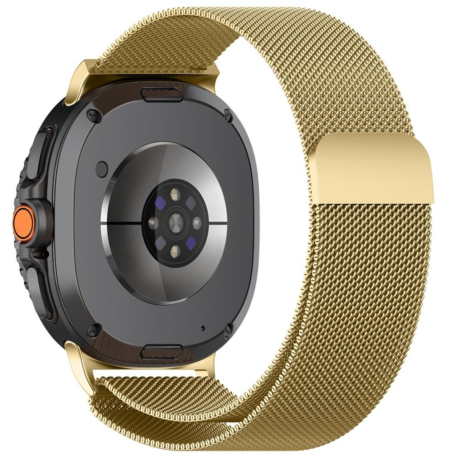 Nahaufnahme einer goldenen Smartwatch. Die Uhr hat ein schwarzes Gehäuse mit einer orangenen Taste. Das Armband ist goldfarbenes Mesh.