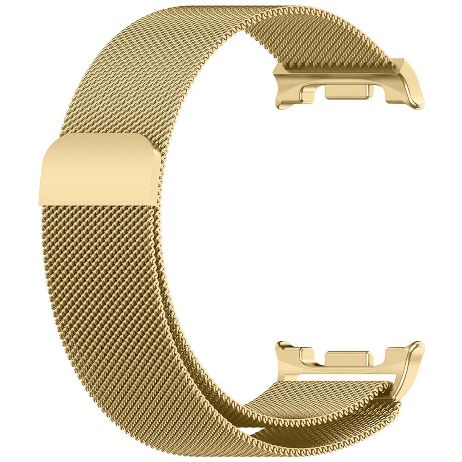 Ein goldenes Uhrenarmband im Mesh-Stil. Das Band ist gebogen und zeigt den Verschluss und die Befestigungspunkte. Es ist vor weißem Hintergrund.