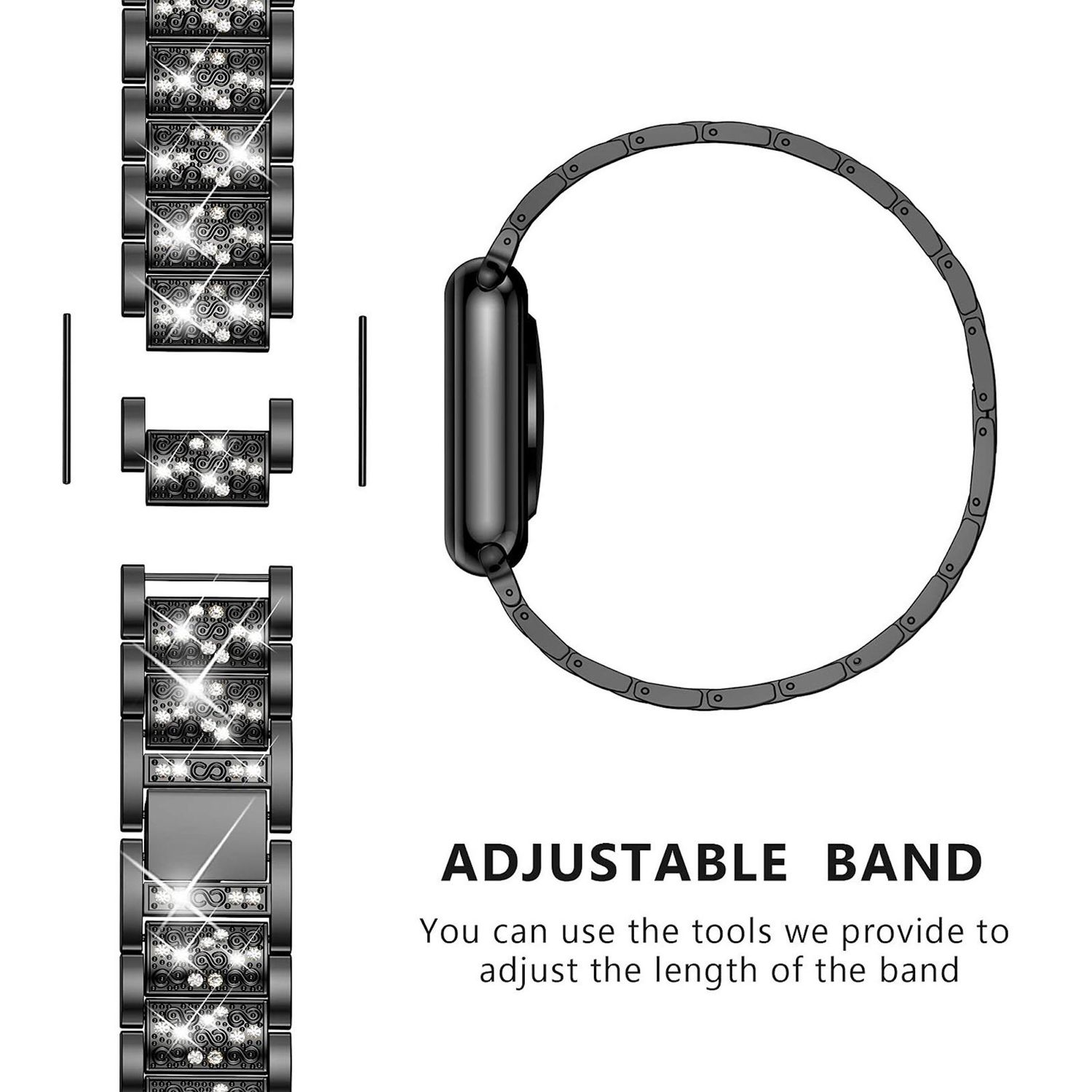 Ein verstellbares Uhrenarmband mit dekorativen Gliedern und einem kreisförmigen Zifferblatt. Text: 'ADJUSTABLE BAND', und Anweisungen.