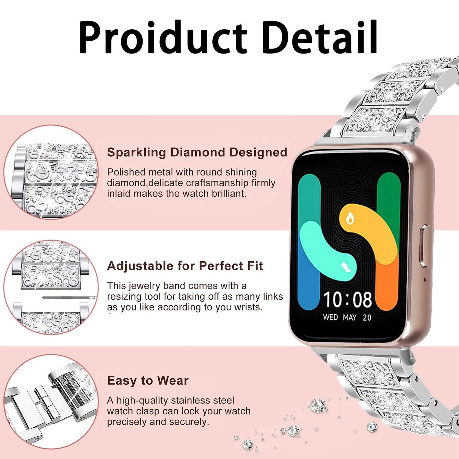 Eine Smartwatch mit diamantbesetztem Armband wird gezeigt. Der Bildschirm zeigt die Uhrzeit an. Text hebt Funktionen wie Diamantdesign und einfaches Tragen hervor.