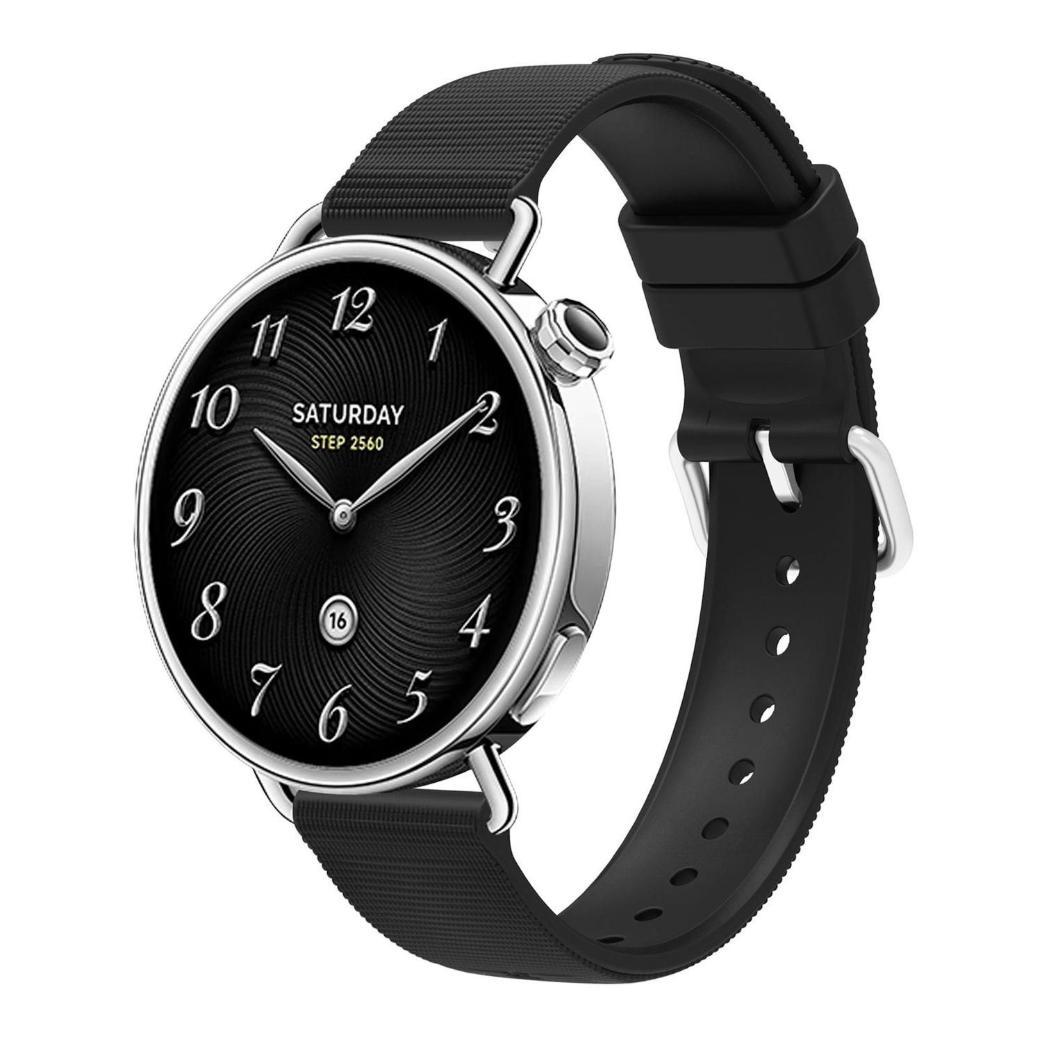 Eine schwarze Smartwatch mit rundem Zifferblatt, silberner Lünette und schwarzem Armband. Die Uhr zeigt die Zeit und den Samstag an.