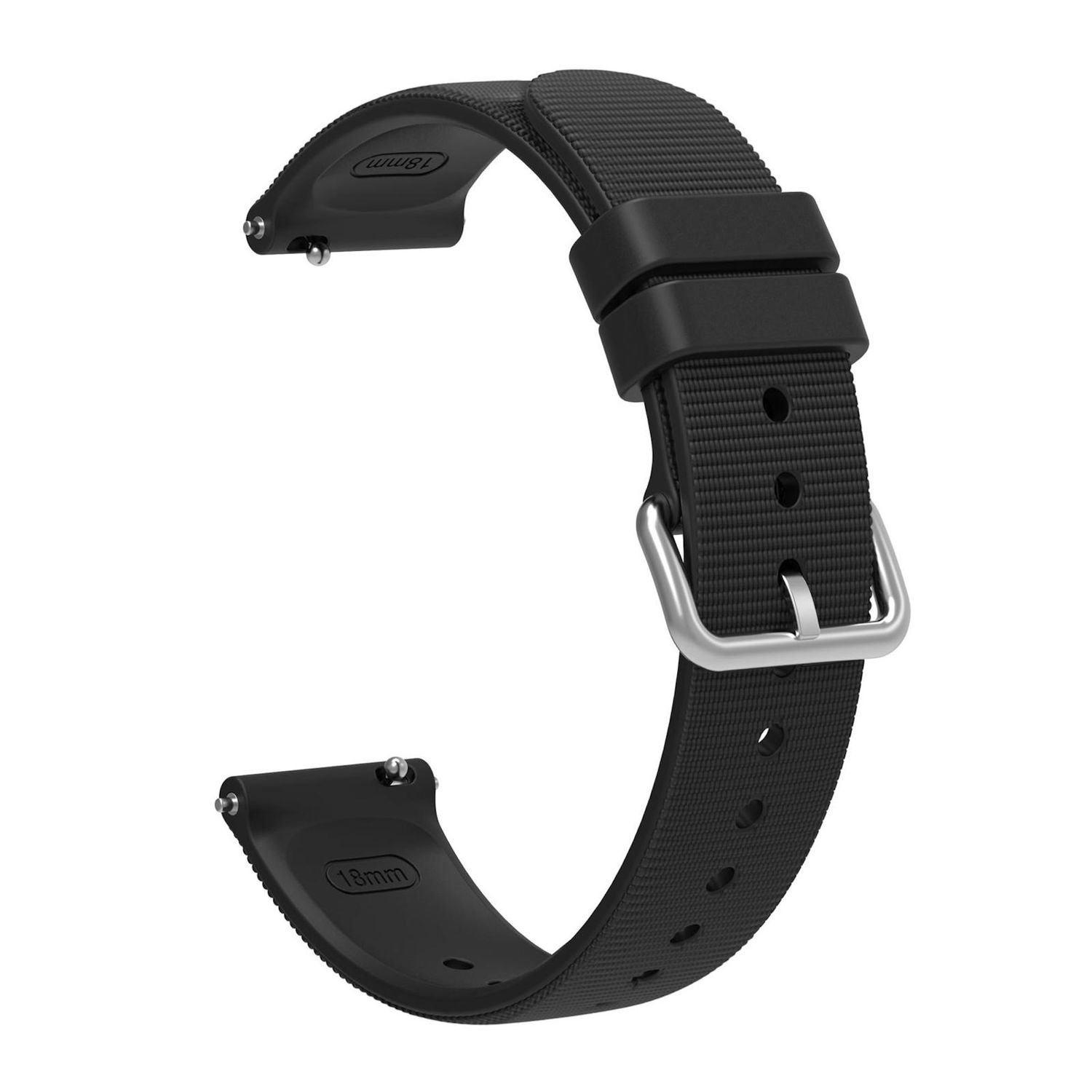 Ein schwarzes Uhrenarmband mit silberner Schnalle, 18 mm Breite. Das Armband ist strukturiert und hat Löcher zur Einstellung. Weißer Hintergrund.