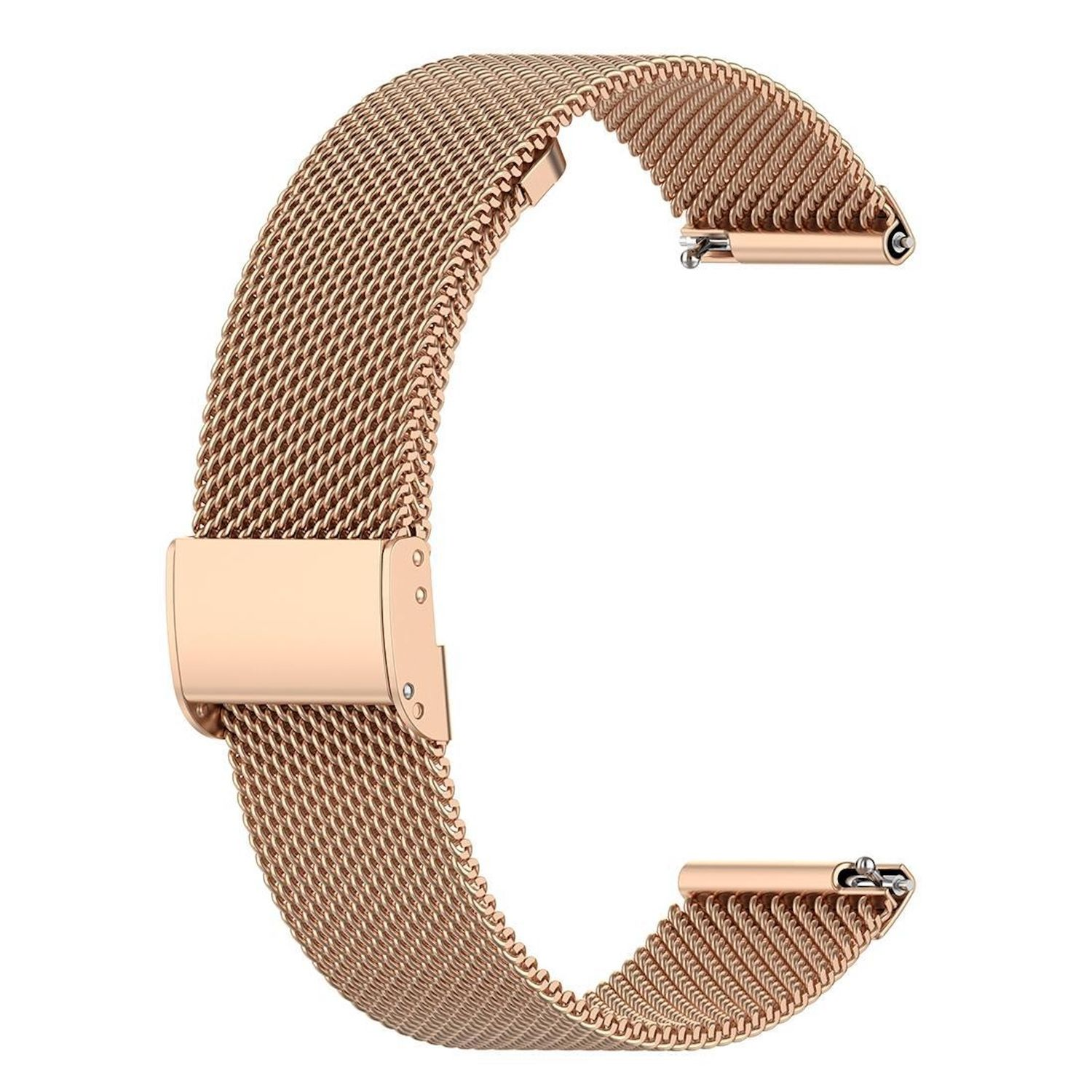 Ein roségoldenes Uhrenarmband. Es hat ein Mesh-Design und einen Verschluss. Die Enden haben Stifte zur Befestigung. Der Hintergrund ist weiß.