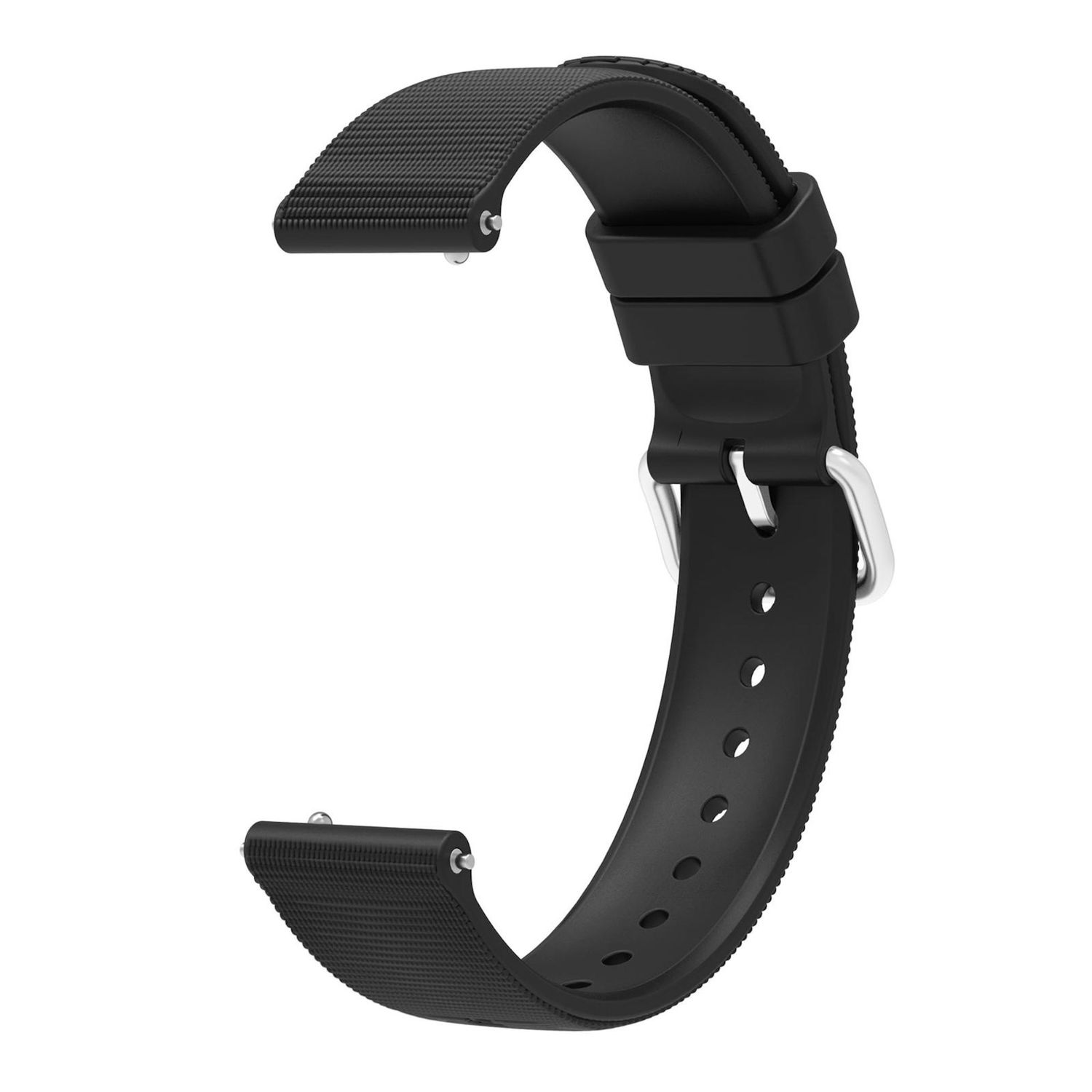 Ein schwarzes Uhrenarmband mit strukturierter Oberfläche und silberner Schnalle. Es ist gebogen und hat mehrere Löcher zur Anpassung.