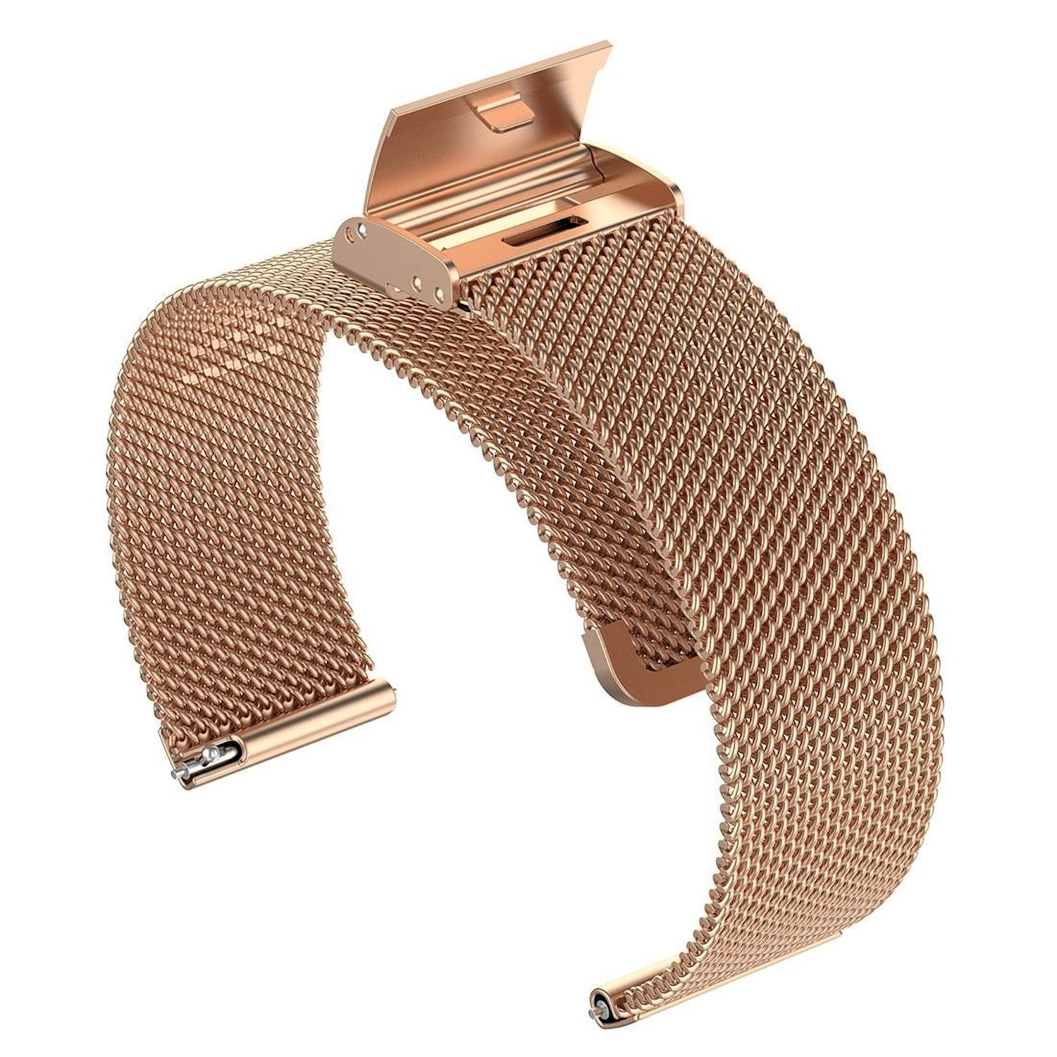 Ein roségoldenes Uhrenarmband aus Mesh. Der Verschluss ist geöffnet. Der Hintergrund ist weiß.