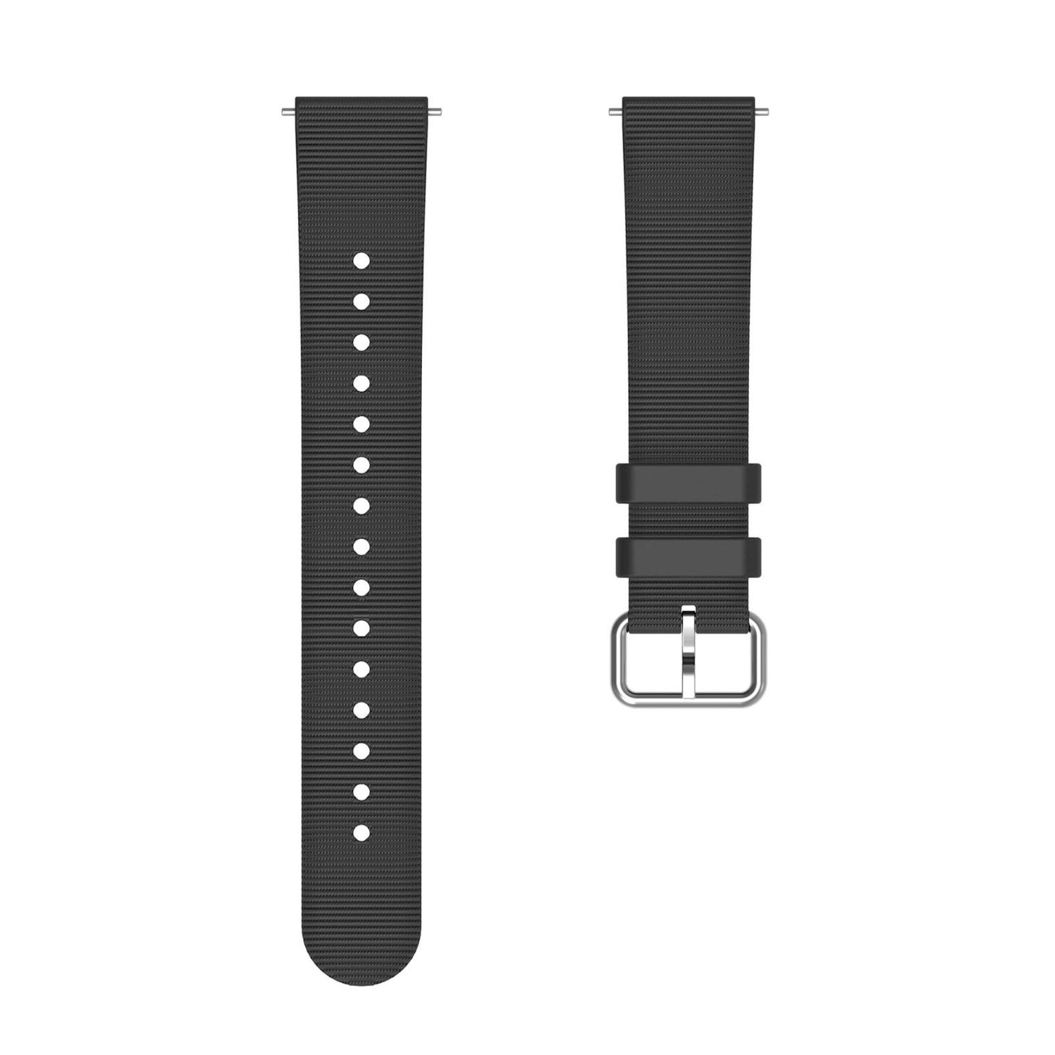 Zwei schwarze Uhrenarmbänder. Eines mit Löchern, das andere mit einer Schnalle. Beide auf weißem Hintergrund.
