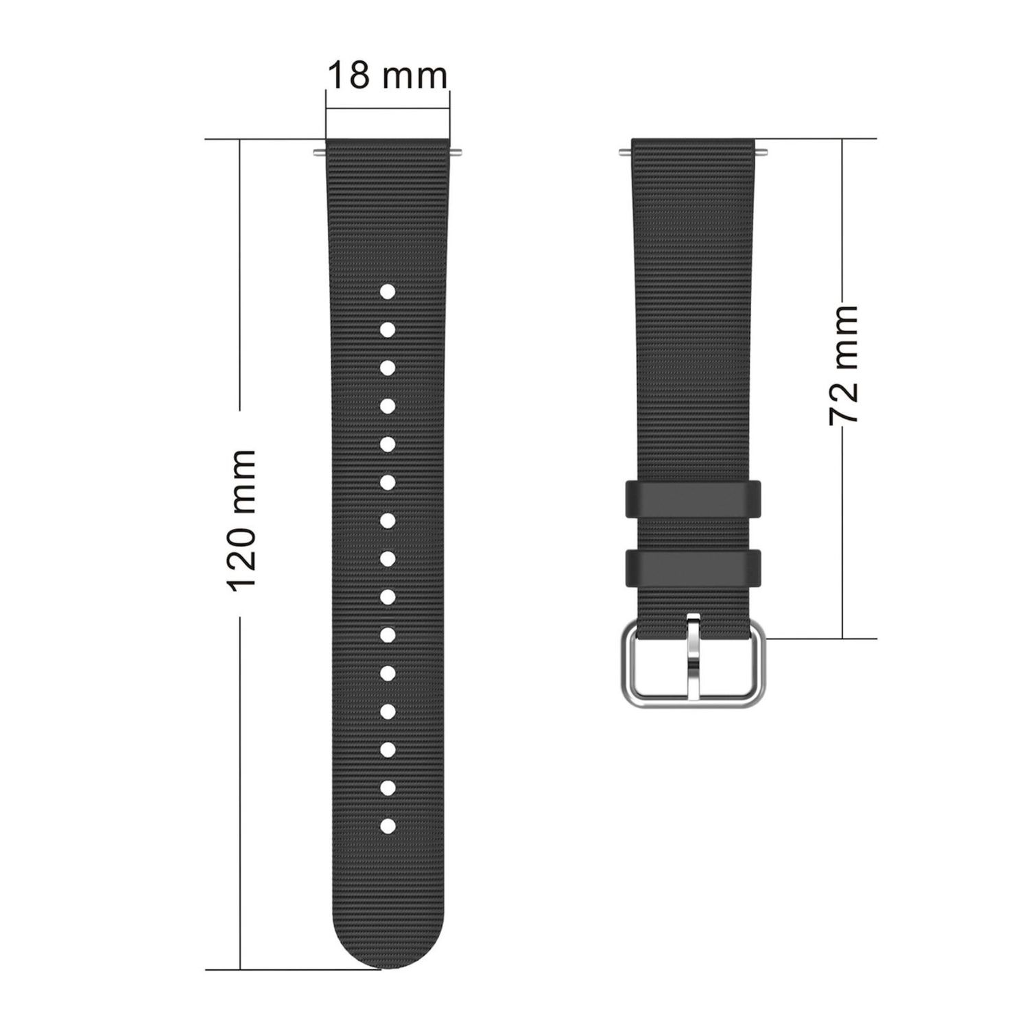 Zwei schwarze Uhrenarmbänder mit Abmessungen. Eines ist 120 mm lang und 18 mm breit, das andere 72 mm lang.