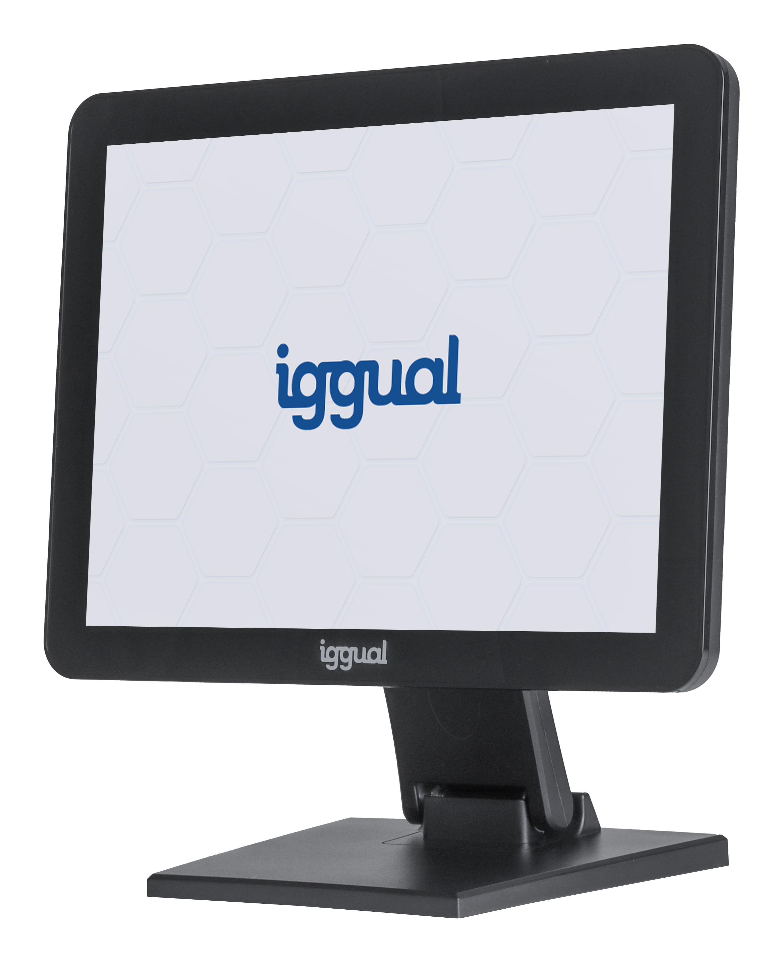 Un monitor di computer nero con il logo 'iggual' sullo schermo e uno sfondo bianco con un motivo.