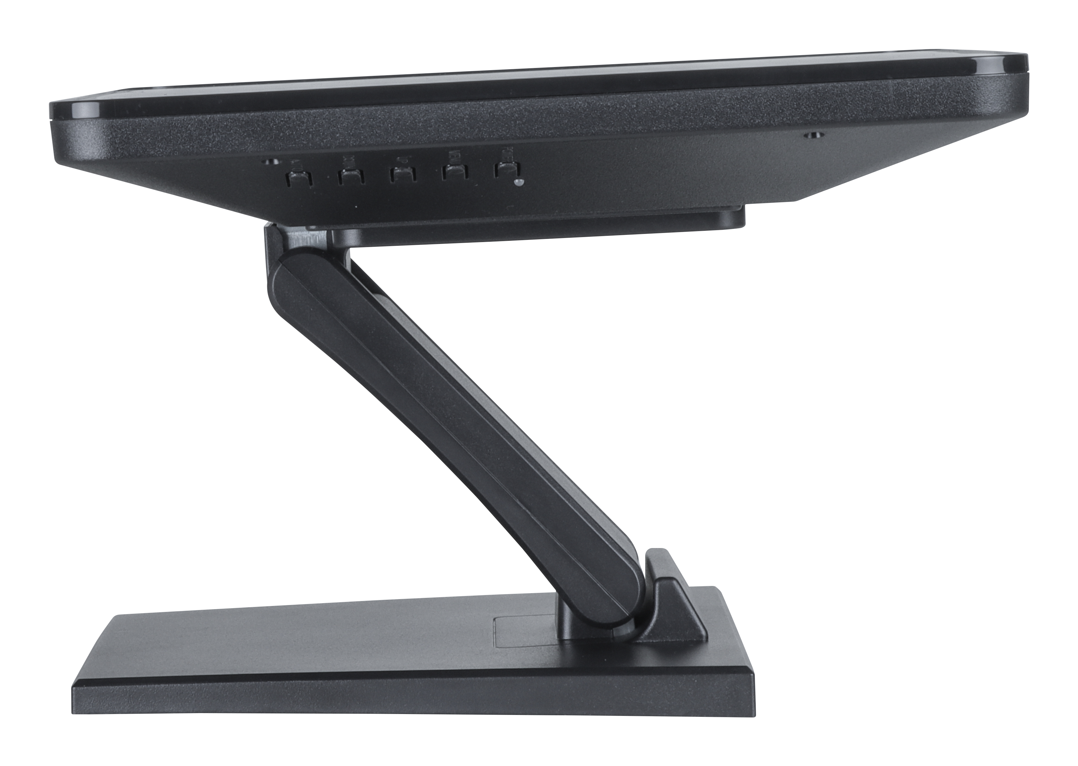 Un monitor per computer nero con supporto. Il monitor è inclinato verso l'alto. Il supporto è collegato e inclinato verso il basso.