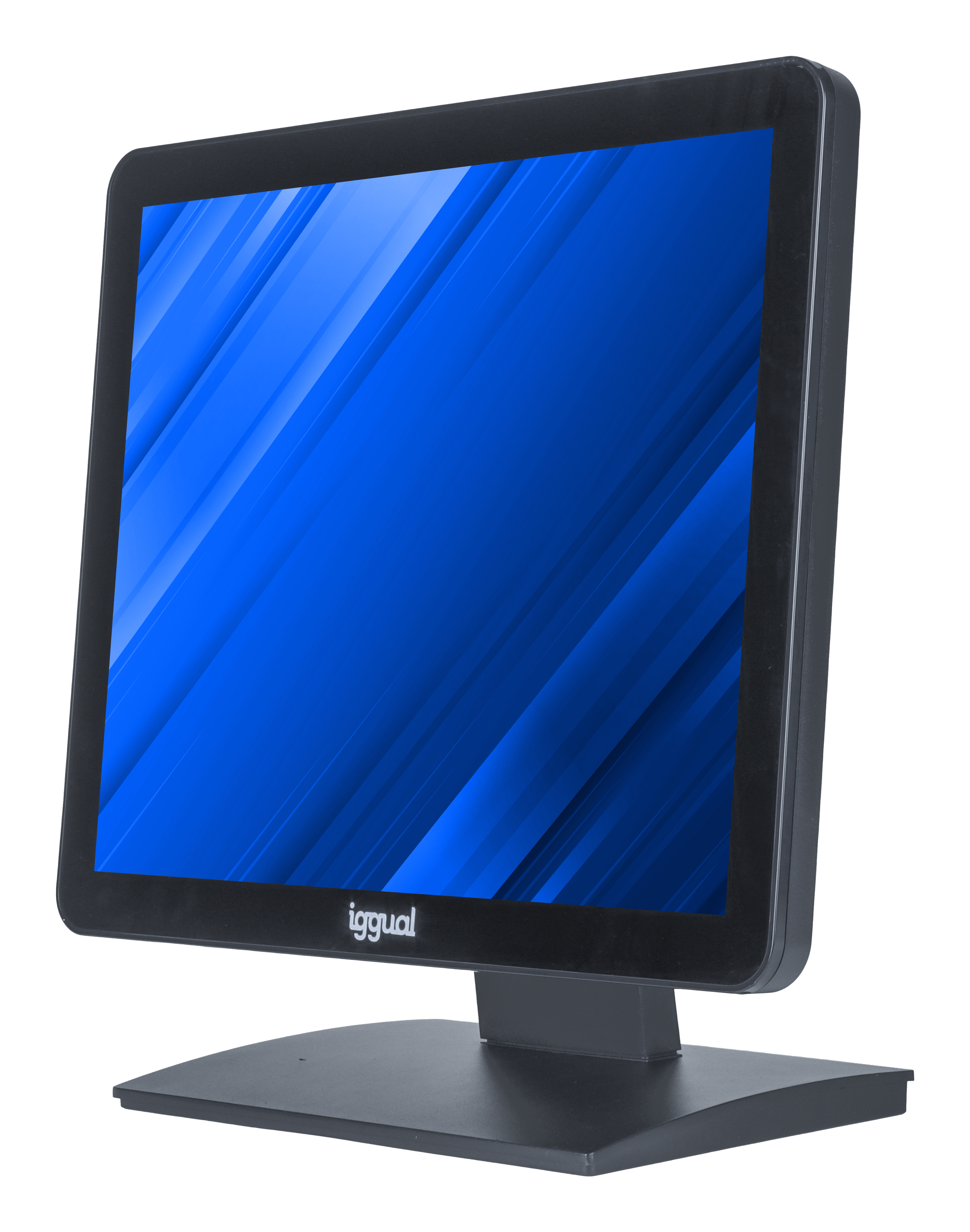 Un monitor del computer nero con uno schermo blu che mostra linee diagonali. Il monitor ha il marchio 'iggual'.