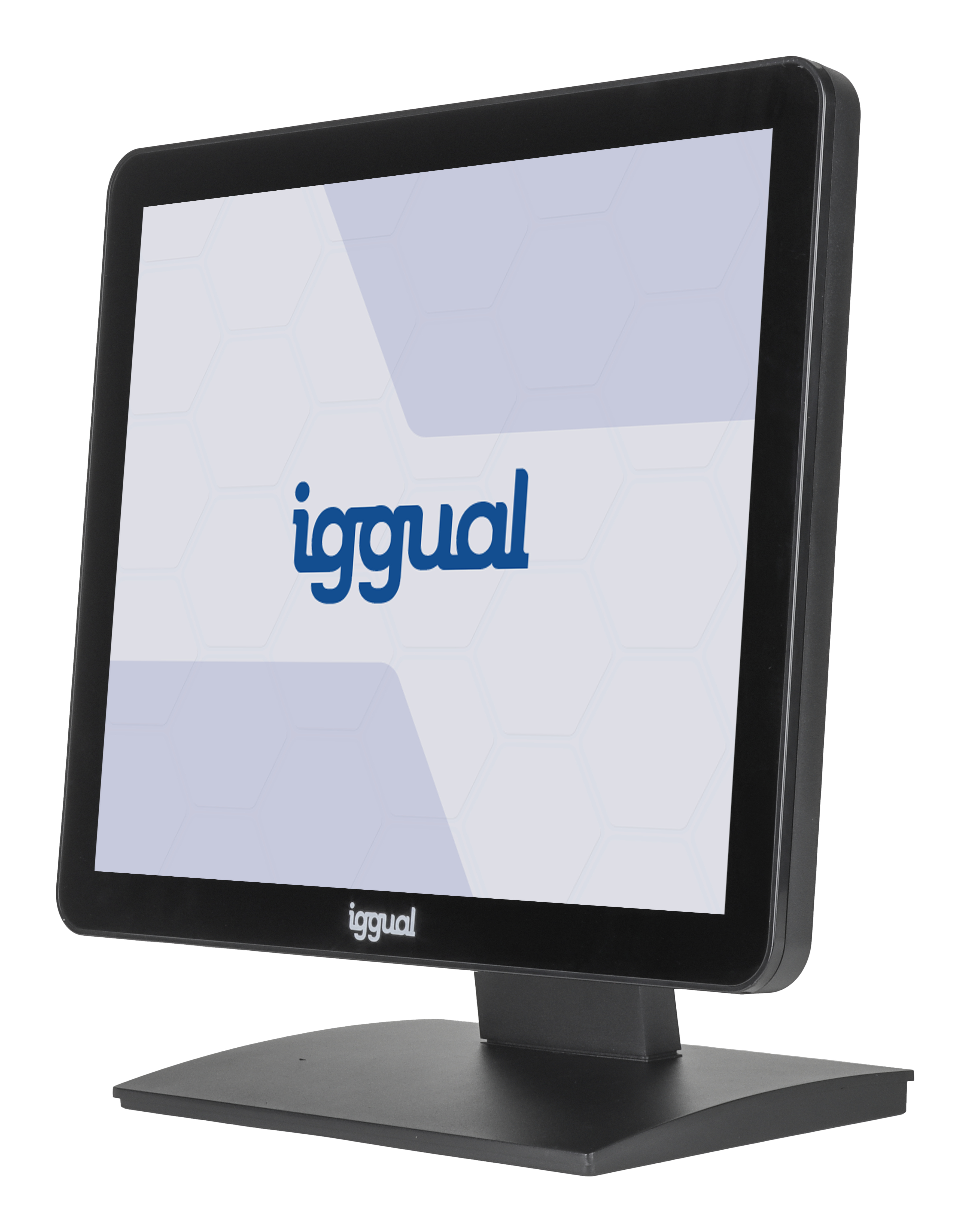 Un monitor touchscreen nero con la scritta 'iggual'. Ha un supporto nero e sfondo bianco.