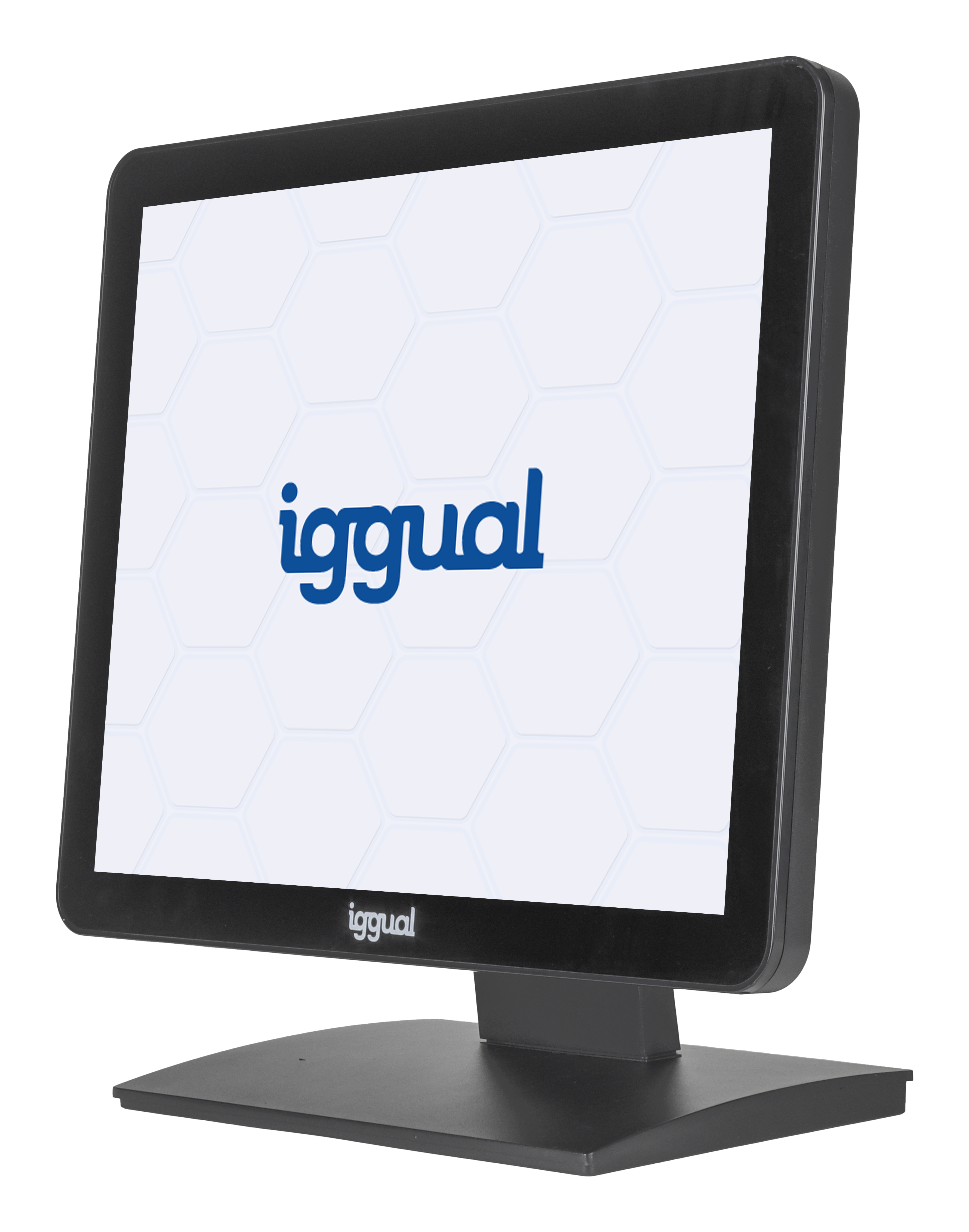 Un monitor nero con schermo bianco che mostra il logo 'iggual' blu su sfondo bianco.