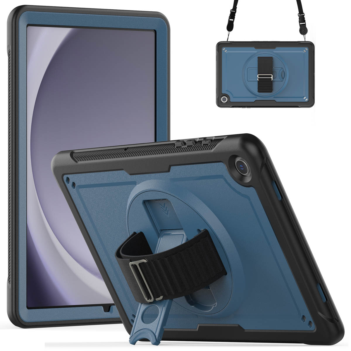 A blue and black tablet case with a hand strap and a stand. Another case is shown with a neck strap. 