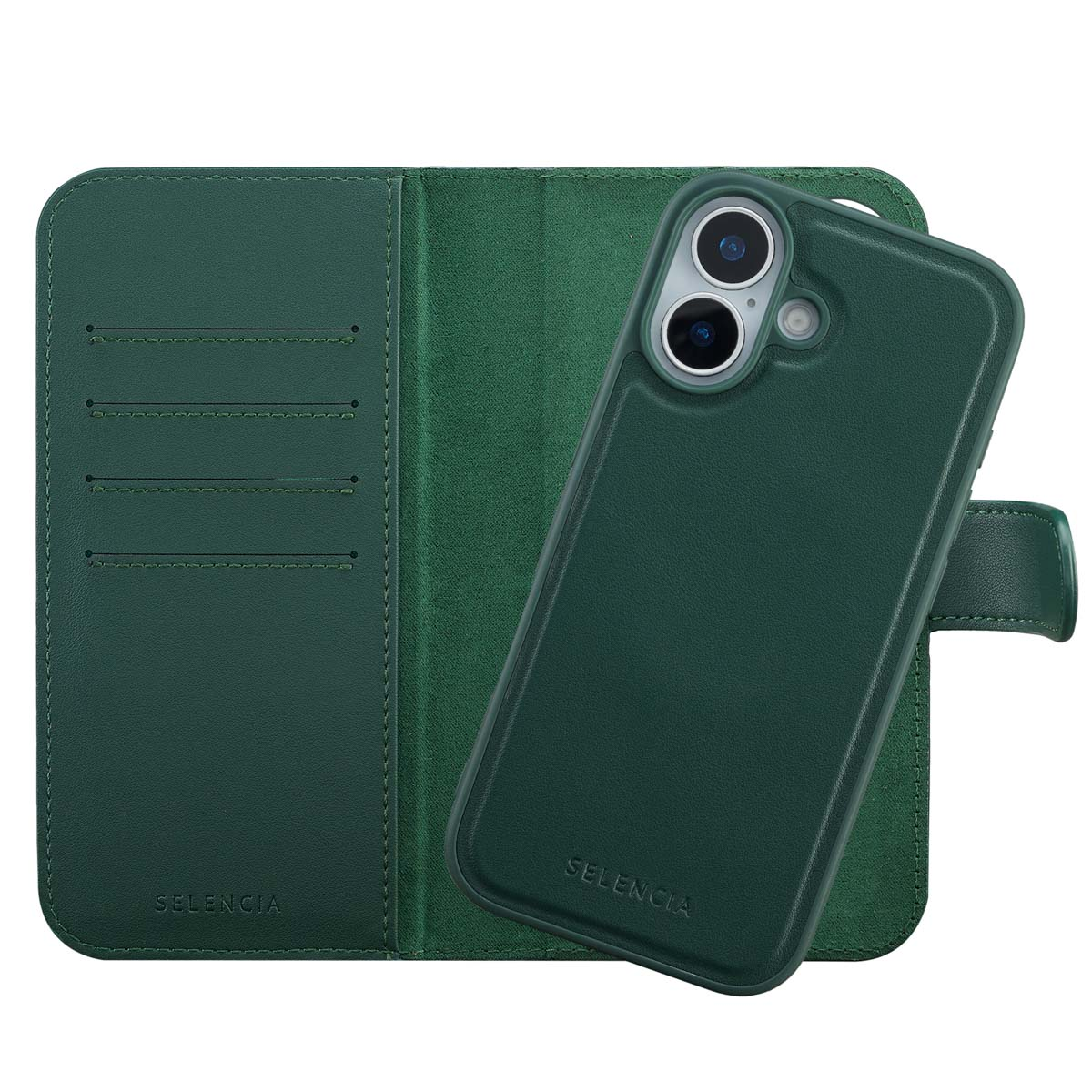 Groene leren telefoonhoes met een open portemonnee-ontwerp. De telefoonhoes staat schuin en toont de cameralenzen.