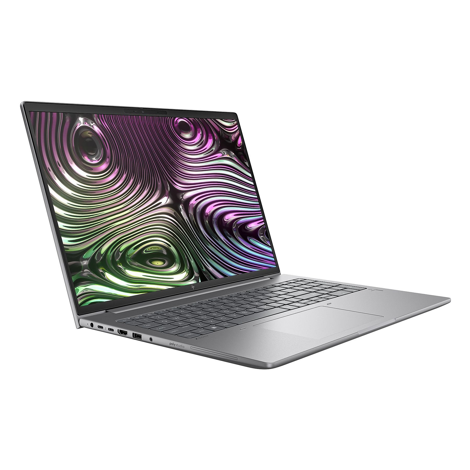 Un laptop argentato mostra un motivo astratto colorato. Il laptop è angolato, mostrando la tastiera e lo schermo.