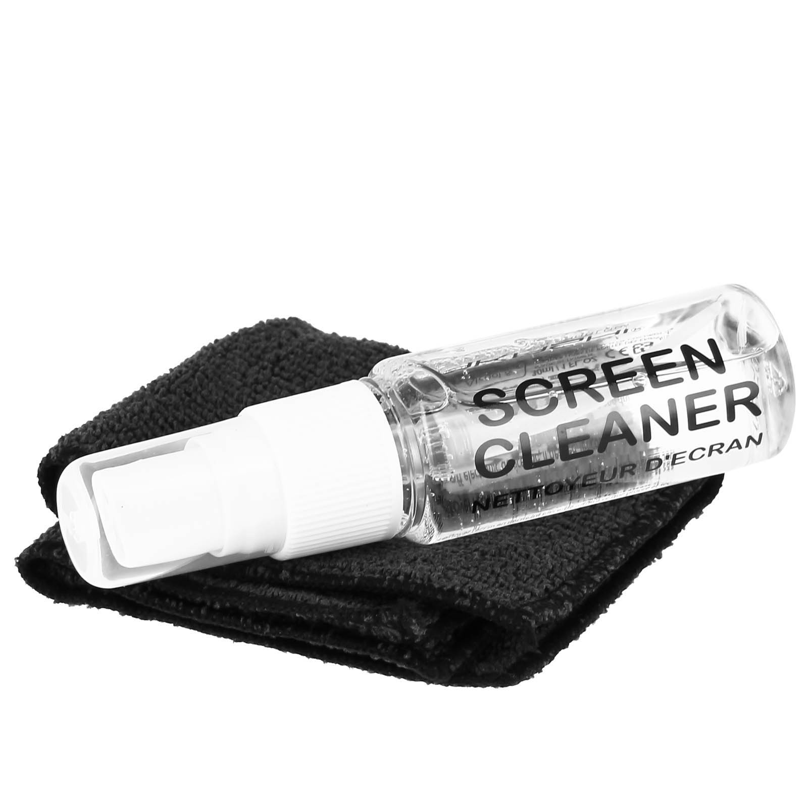 Un flacone spray per la pulizia dello schermo e un panno in microfibra nero su sfondo bianco. La bottiglia ha scritto 'SCREEN CLEANER'.