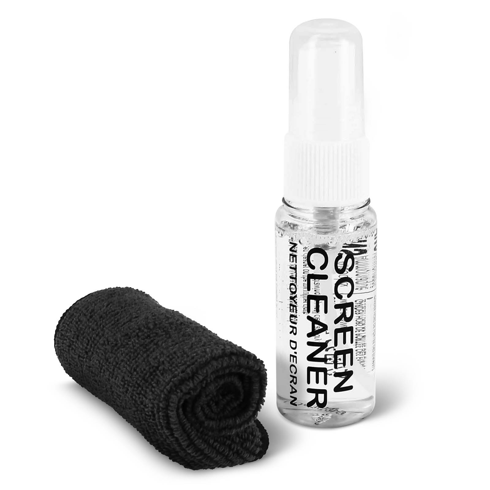 Un flacone spray per la pulizia dello schermo e un panno in microfibra nero arrotolato su sfondo bianco.