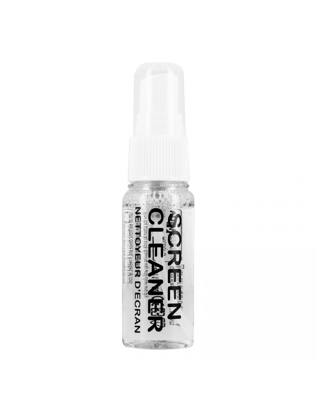 Una bottiglia spray trasparente con l'etichetta 'SCREEN CLEANER' e 'NETTOYEUR D'ECRAN' è visibile su sfondo bianco.