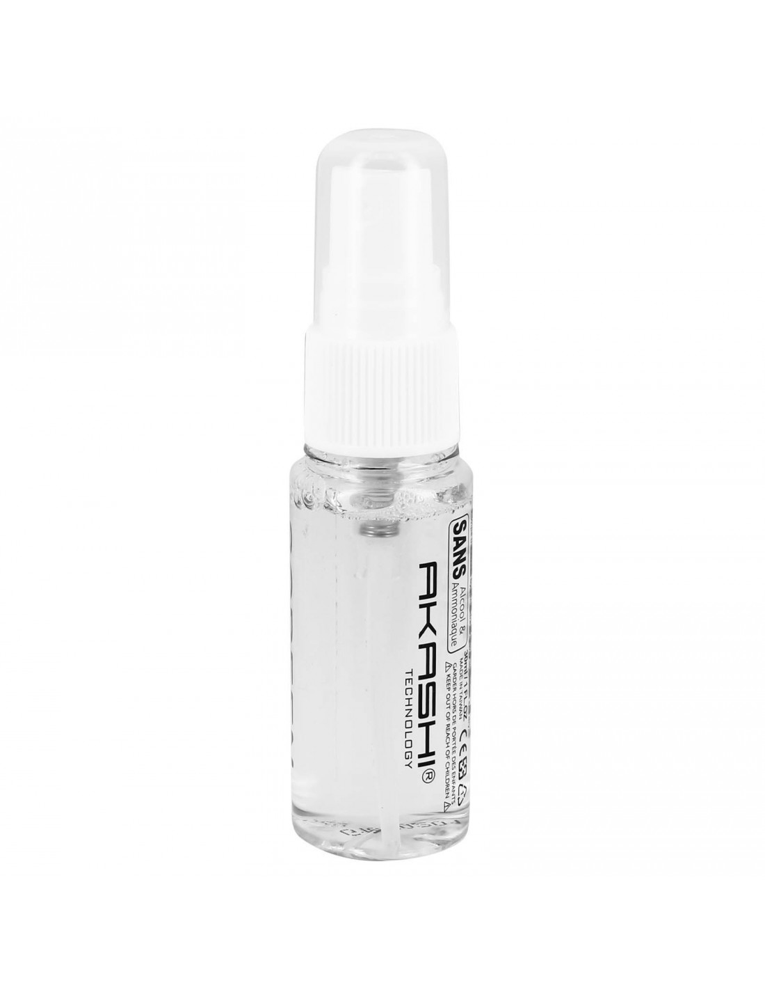 Una piccola bottiglia trasparente di spray Akashi Technology. Ha un tappo bianco e contiene un liquido trasparente. Il testo sulla bottiglia è visibile.