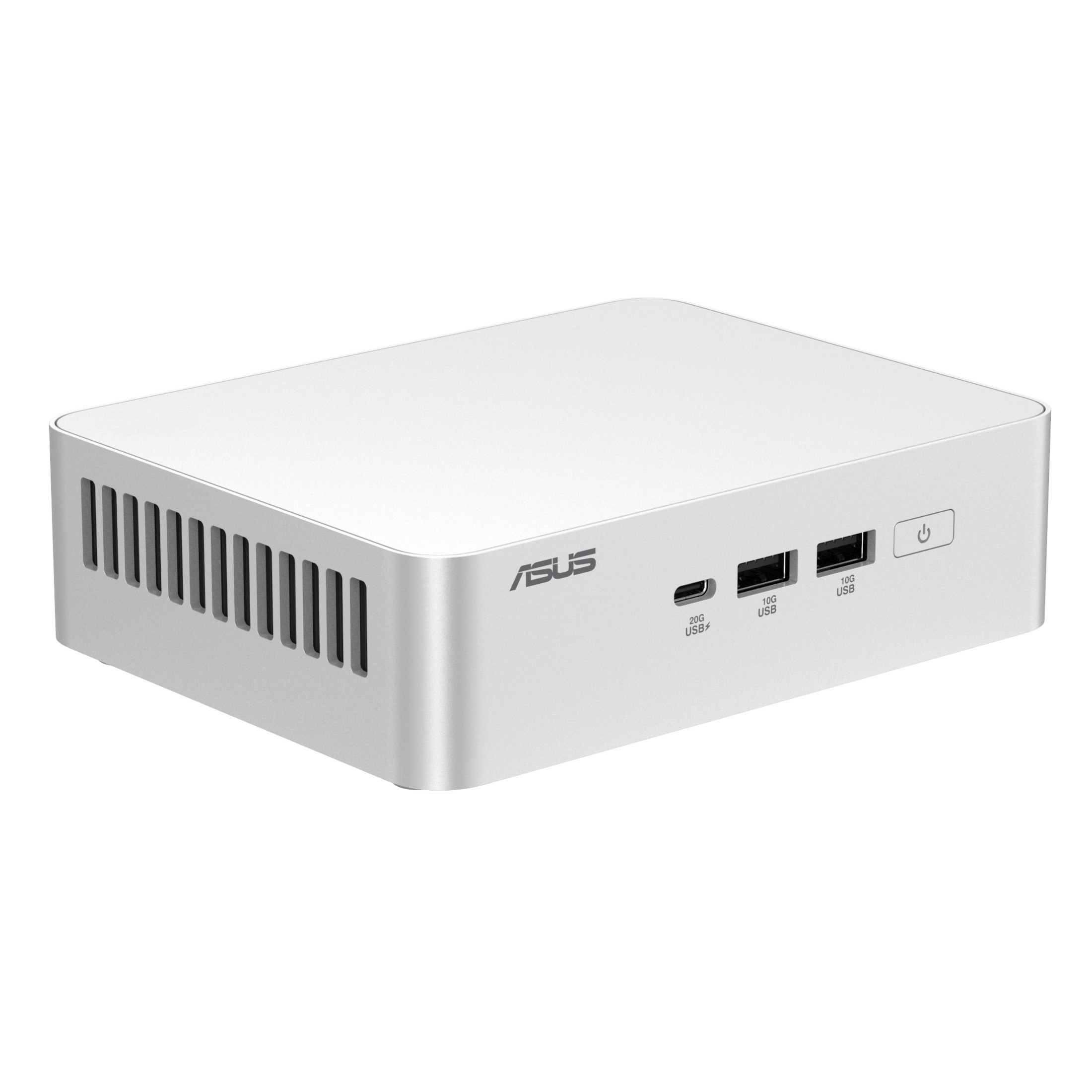 Ein weißer Asus Mini-PC. Er hat USB-Anschlüsse, einen Einschaltknopf und ein Asus-Logo. An der Seite befinden sich Lüftungsschlitze.