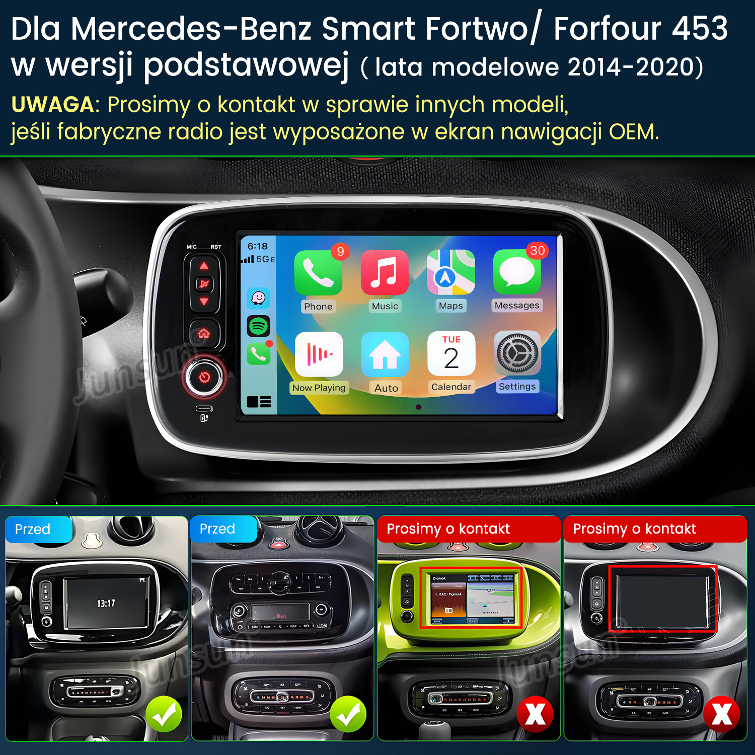 Deska rozdzielcza samochodu z ekranem dotykowym wyświetlającym ikony aplikacji. Poniżej cztery różne przykłady konsol samochodowych, z zielonymi znacznikami wyboru i czerwonymi znakami X.