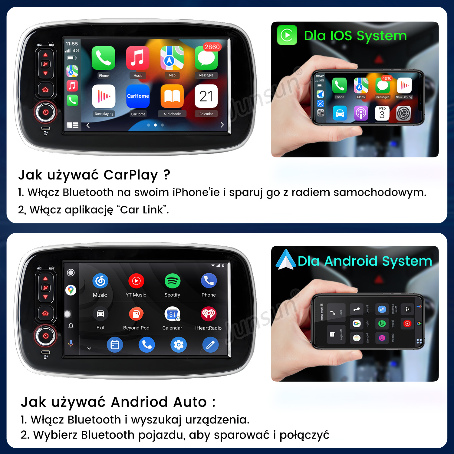 Obraz przedstawia dwa systemy informacyjno-rozrywkowe w samochodzie, jeden z interfejsem iOS, drugi z Androidem i instrukcje użytkowania.
