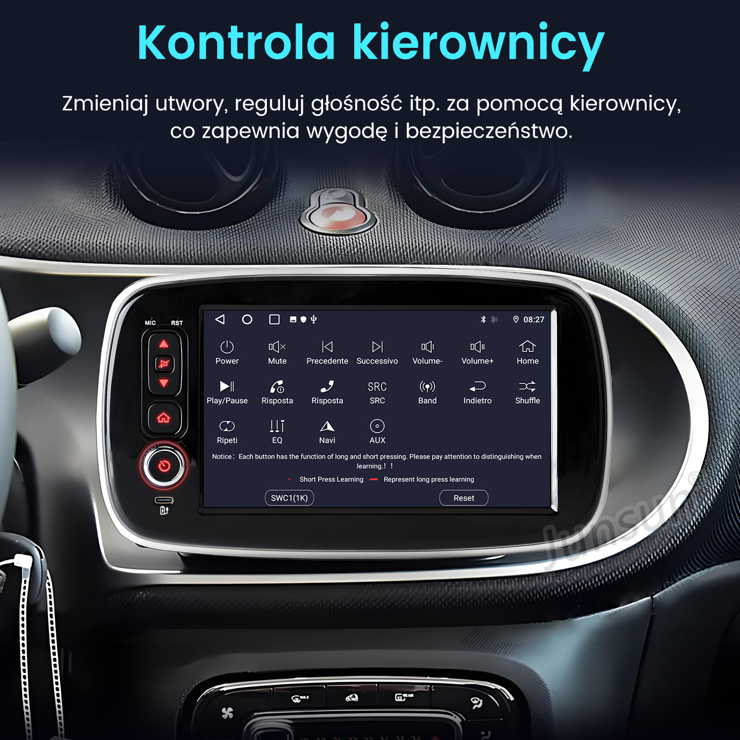 Ekran deski rozdzielczej samochodu wyświetlający funkcje. Tekst po polsku. Przyciski głośności, radia, domu. Czarne wnętrze.