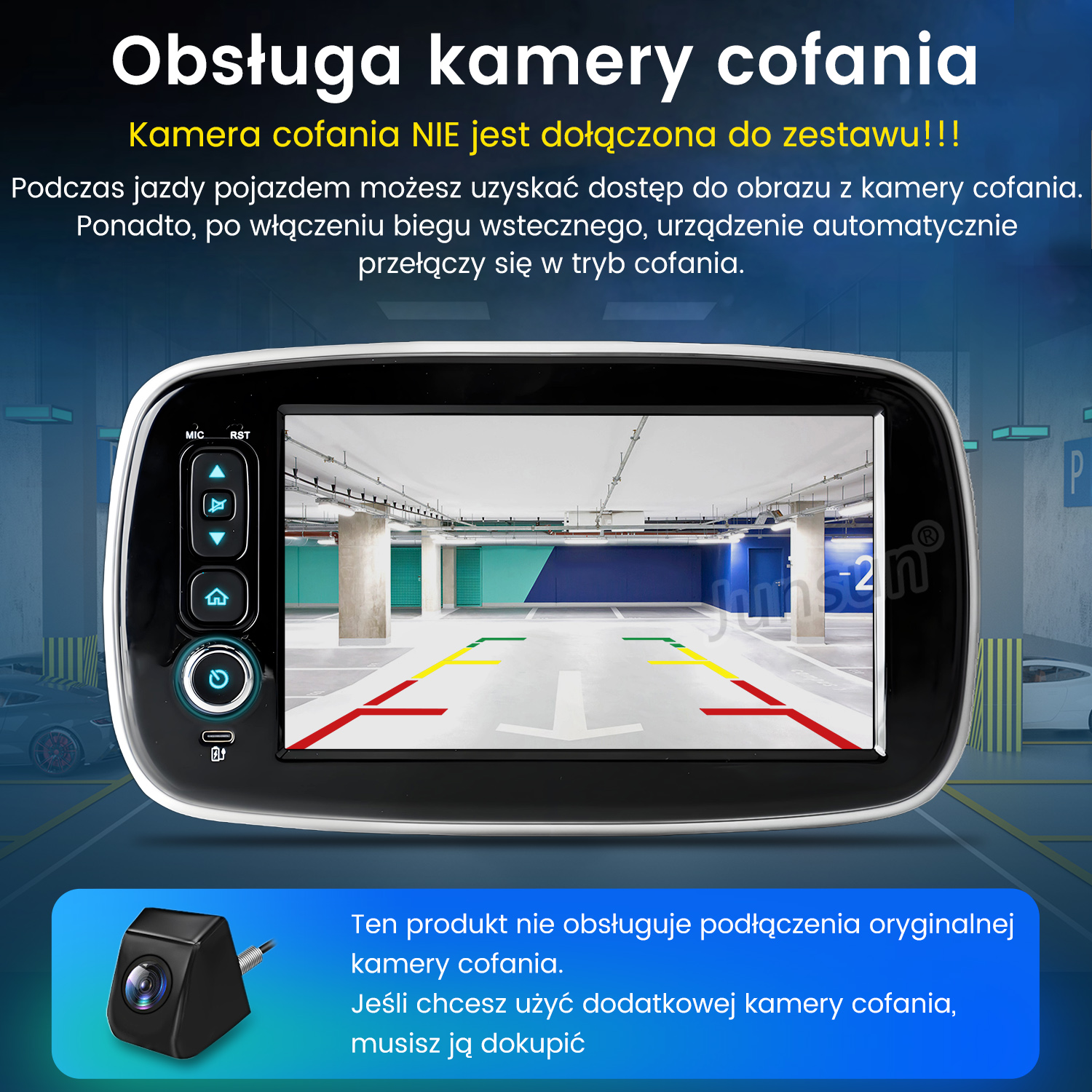 Ekran wyświetla widok parkingu. Kamera i tekst o funkcjonalności kamery cofania są wyświetlane.