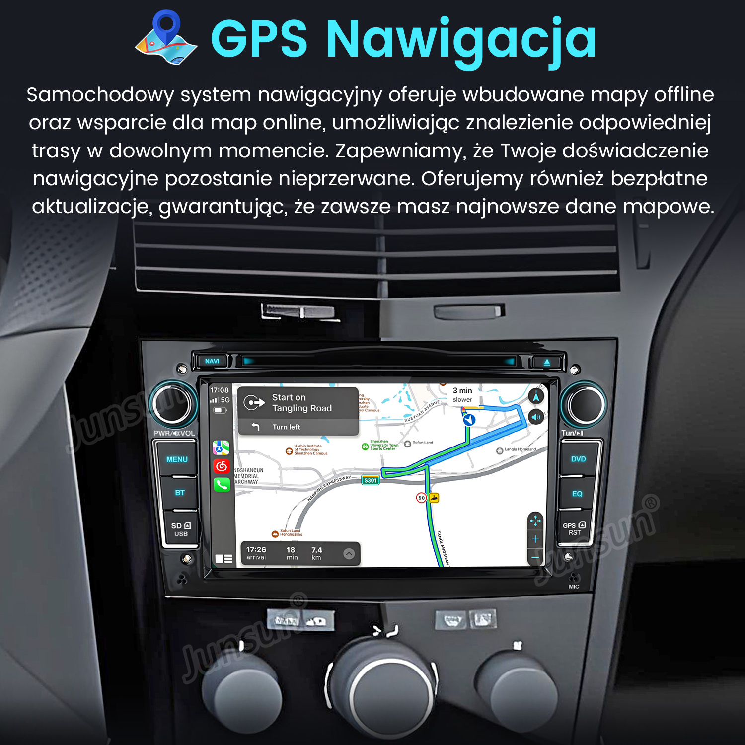 Samochodowy system nawigacji z wyświetlaczem mapy GPS. Pokazuje trasę i elementy sterowania nawigacją. Czarna deska rozdzielcza z pokrętłami.