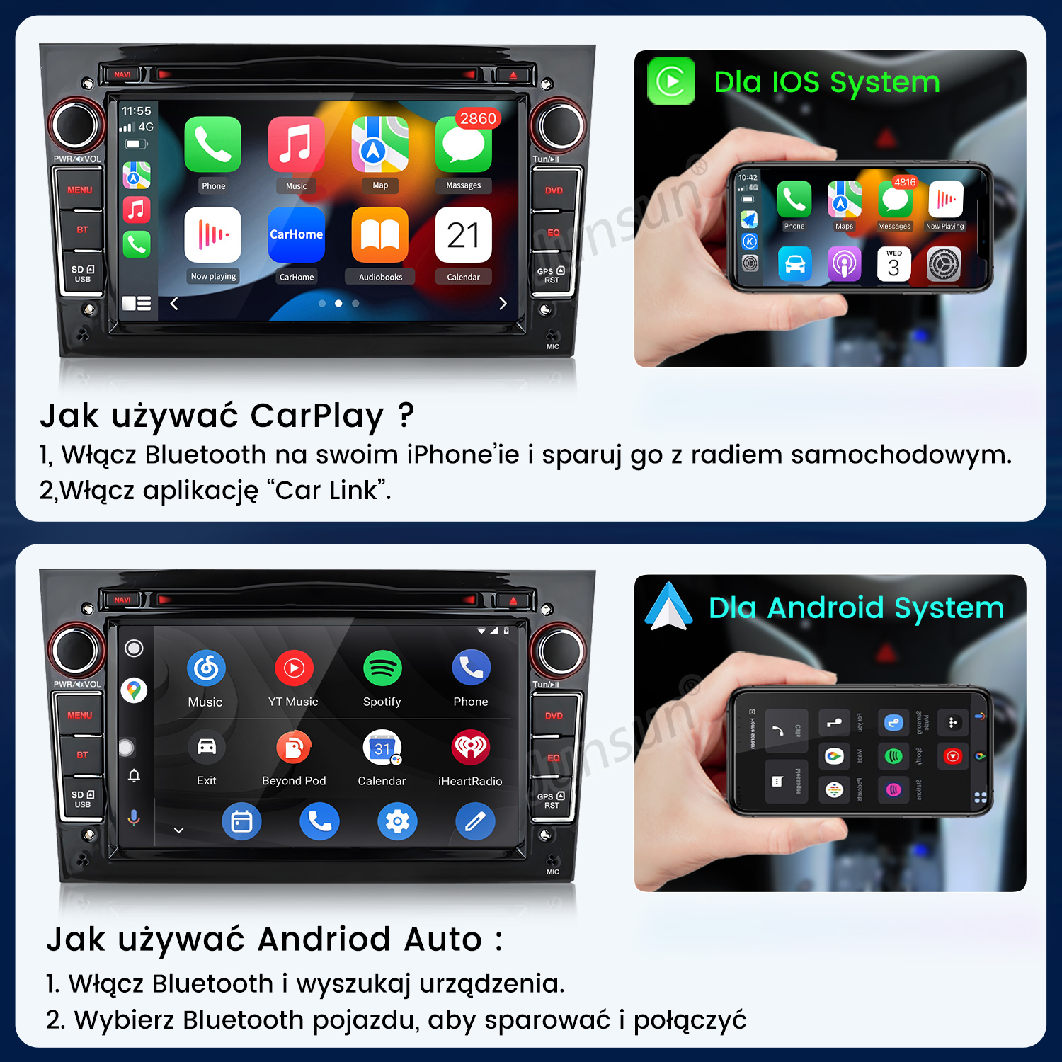 Radio samochodowe z instrukcjami CarPlay i Android Auto. Wyświetla ikony telefonu, muzyki, mapy i innych aplikacji.