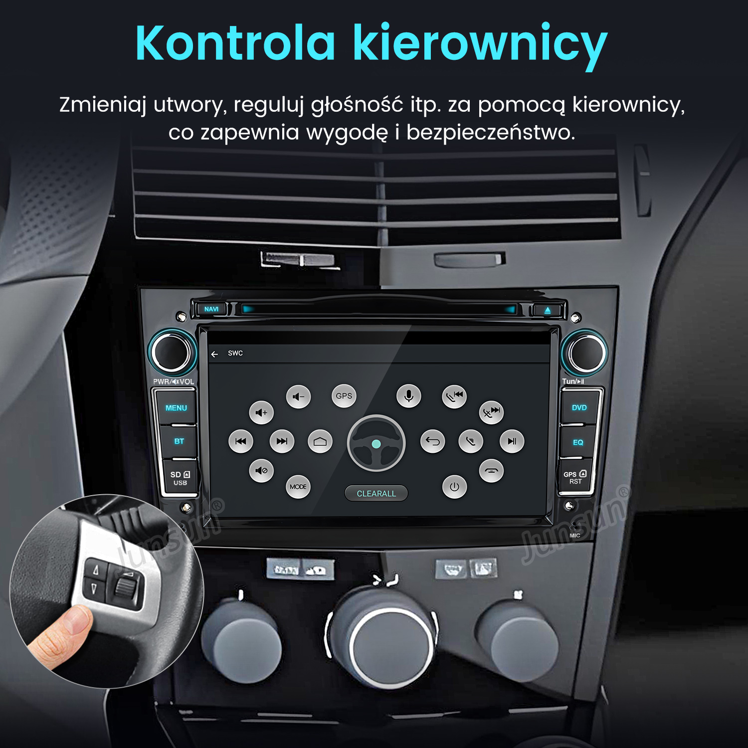 Radio samochodowe z ekranem. Ręka naciska przycisk na kierownicy. Widoczne przyciski głośności, menu i BT.