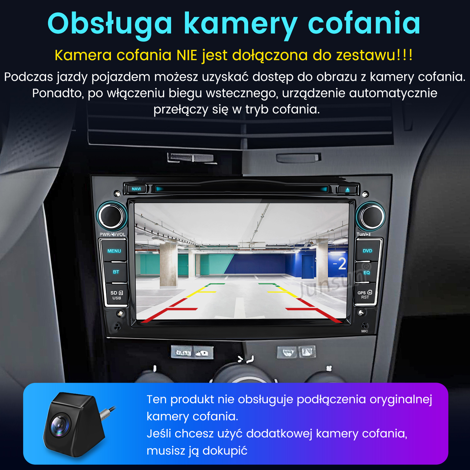 Panel samochodu z ekranem pokazującym widok z czujnika parkowania. Tekst wyjaśnia, że urządzenie nie obsługuje oryginalnej kamery. Poniżej pokazano kamerę.