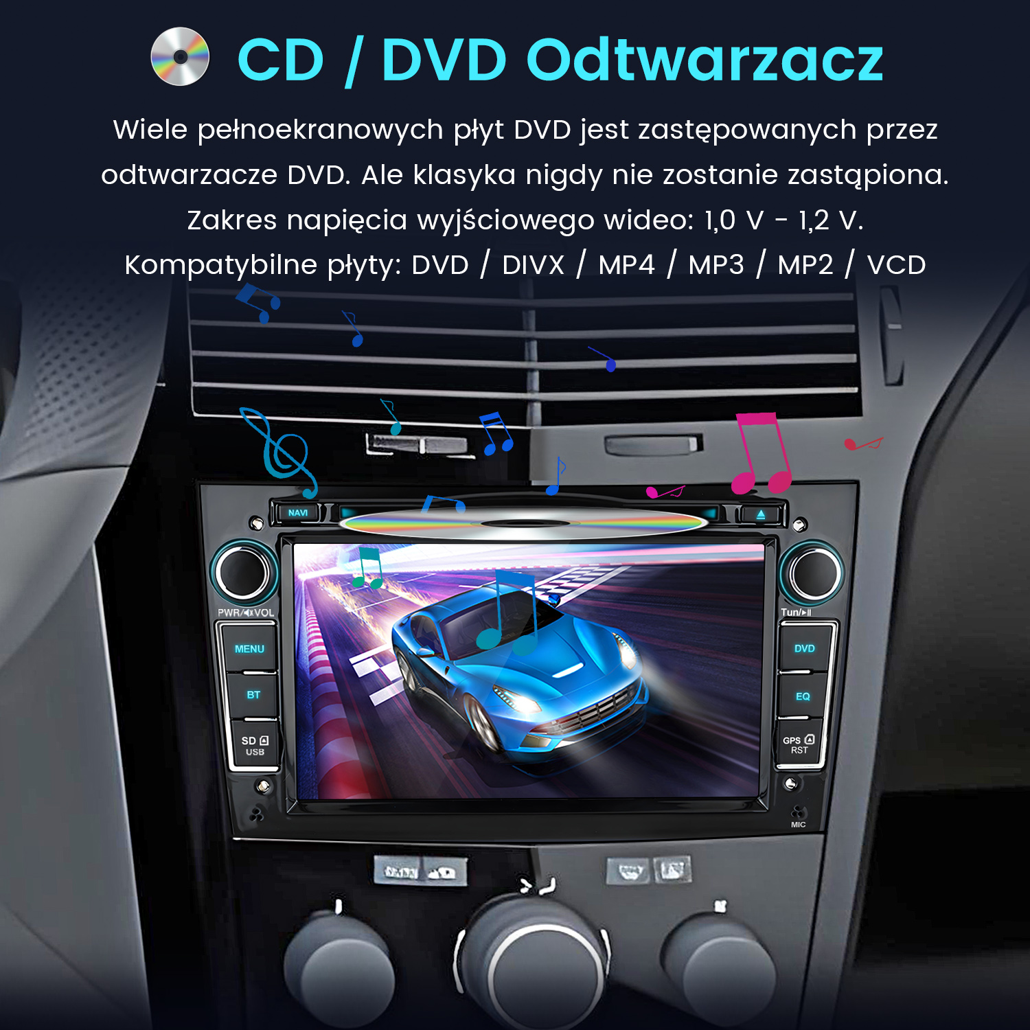 Radio samochodowe z ekranem pokazującym niebieski samochód na torze wyścigowym. Przyciski to DVD, EQ i GPS.