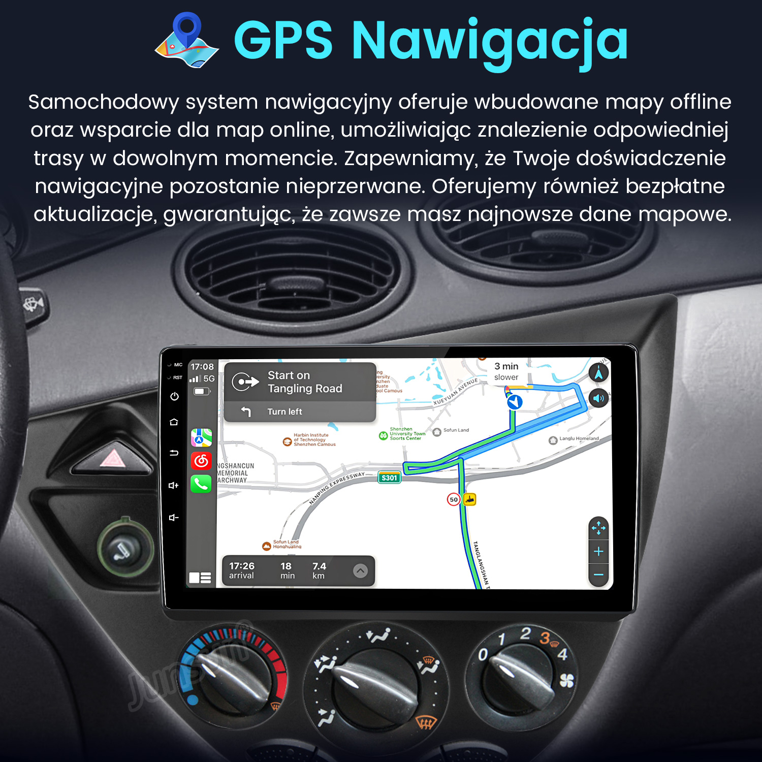 System nawigacji samochodowej wyświetlający mapę ze wskazówkami trasy, widoczne wnętrze samochodu.