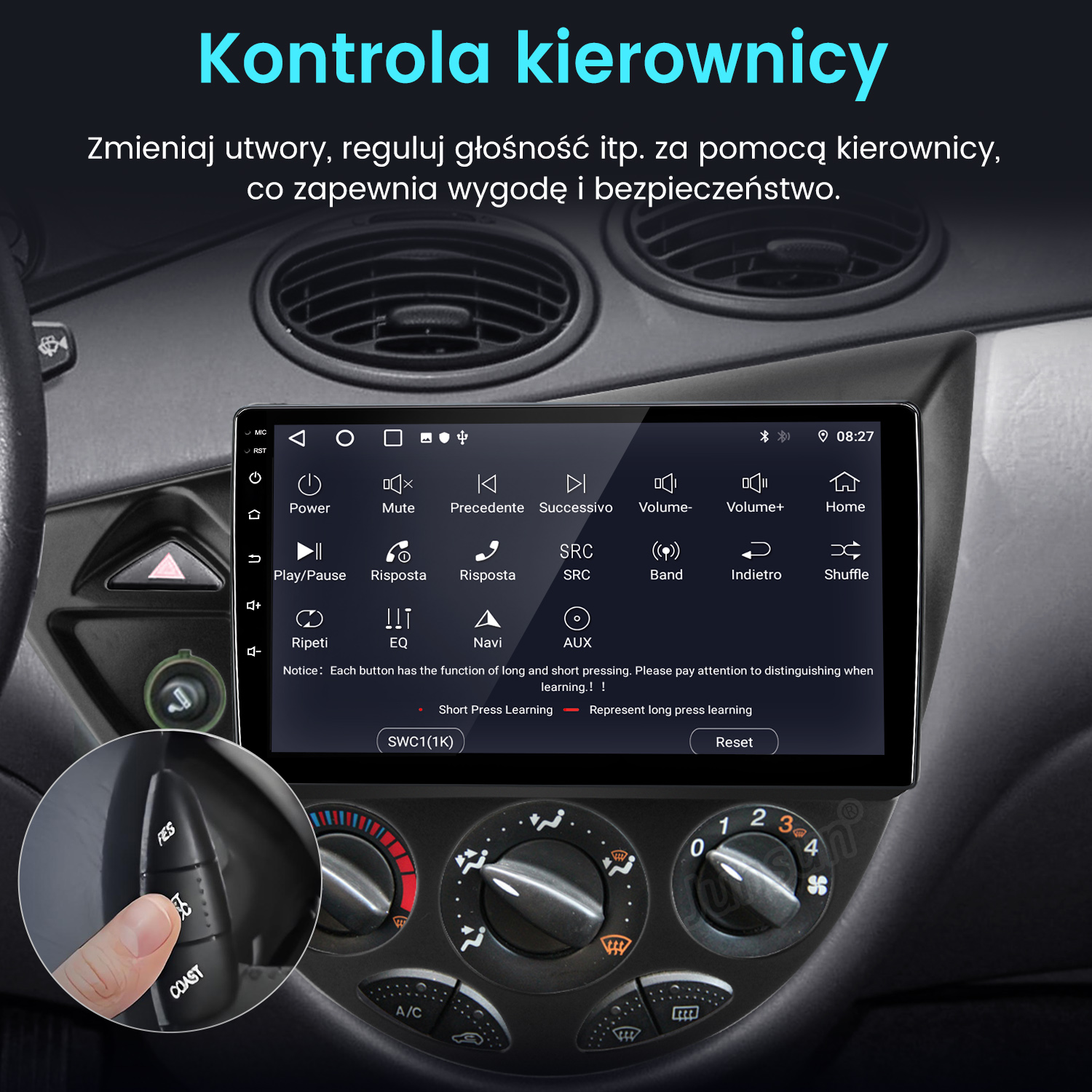 Deska rozdzielcza samochodu z ekranem, ręka dotyka dźwigni, pokrętła klimatyzacji.